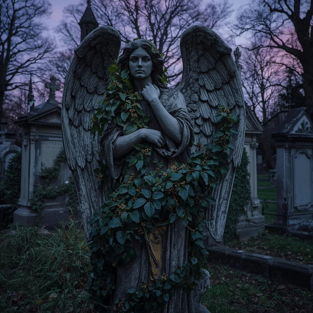 A quiet cemetery at dusk with statues subtly changing posture between frames, vines wrapped around angel wings. Colours_ stone grey, ivy green, dusk lavender. Lighting_ soft twilight + cold moonligh, urban fantasy.jpg