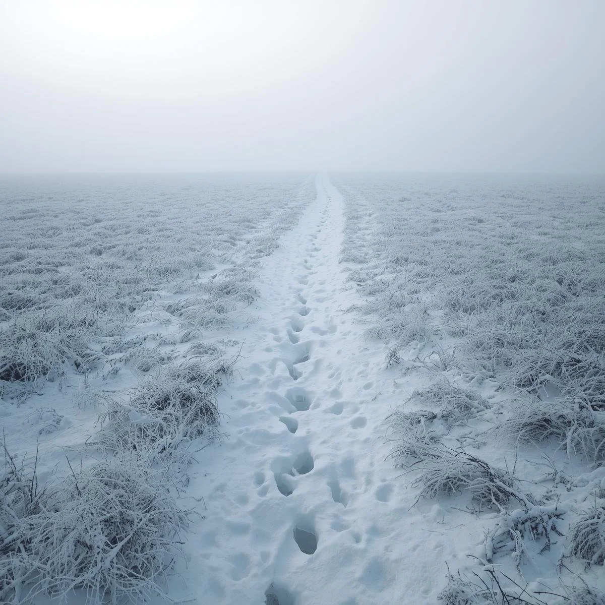 A narrow path of footprints leading into dense fog over a snowy field. Colours_ white, grey, soft blue. Lighting_ diffused morning fog...jpg