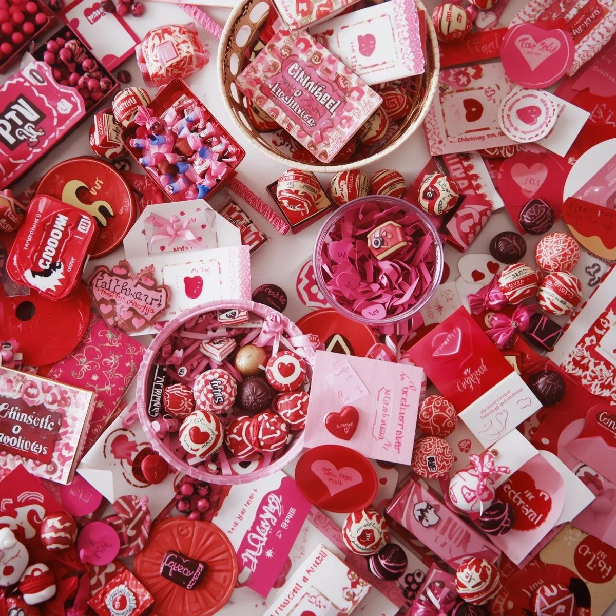 A candy-gram sorting table with chocolates, stickers, and envelopes scattered everywhere. Colours_ red, candy pink, white. Lighting_ overhead indoor...jpg