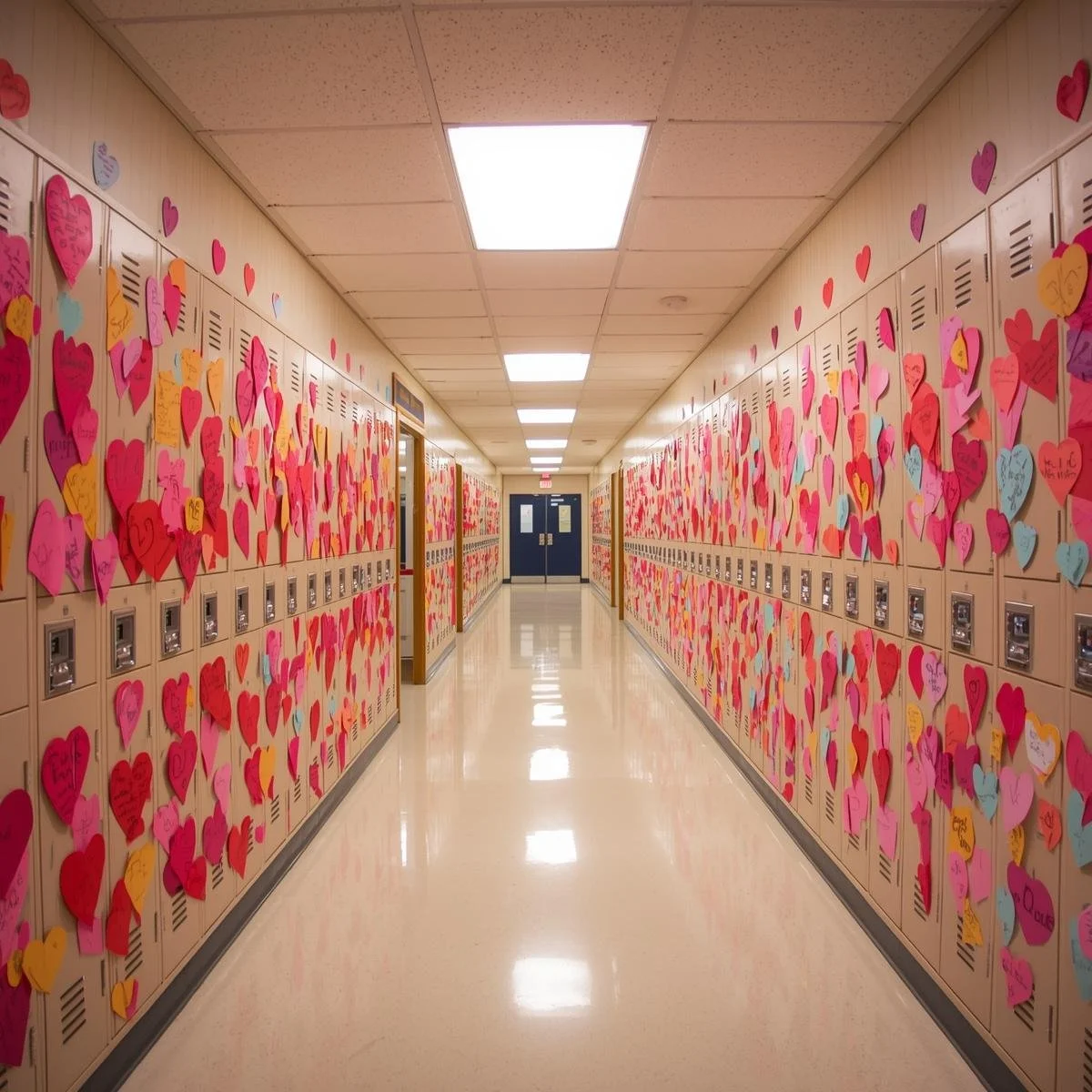 A school hallway lined with decorated lockers and colourful paper hearts. Colours_ pink, red, pastel blue. Lighting_ bright indoor fluorescent..jpg