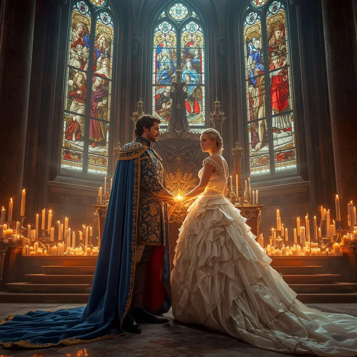 Inside+a+grand+candlelit+throne+room,+a+royal+couple+stands+at+the+altar+beneath+towering+stained-glass+windows+depicting+heroic+fairytale+moments.+Their+attire+is+elaborate+—+the+groom+in+gold-embroidered+doublet.webp