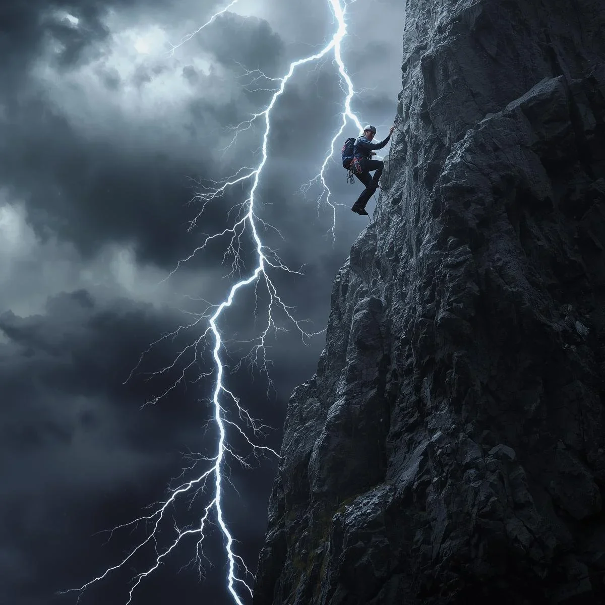 A+jagged+mountain+cliff+during+a+violent+storm.+A+lone+climber+clings+to+a+narrow+ledge,+lightning+forking+across+the+sky+above.+Colours_+slate+greys,+midnight+blues.+Lighting_+flashes+of+lightning+illuminate+the+.webp