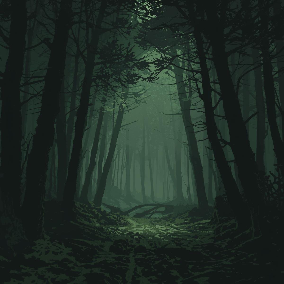 An atmospheric woodland landscape with no visible figures. The trees appear unnaturally arranged, leaning inward as if watching. Light filters through the canopy unevenly, creating areas of deep shadow. The forest .jpg