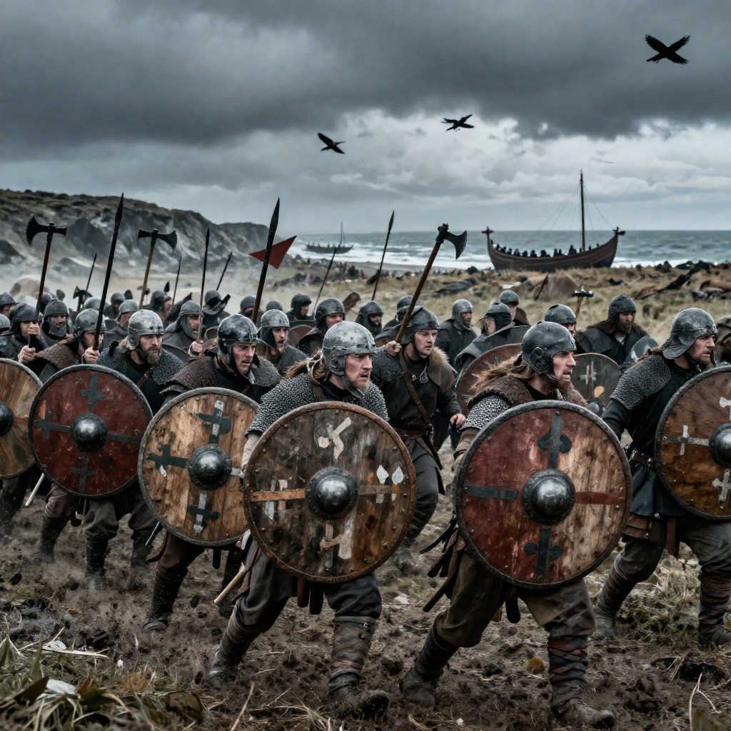Photorealistic Viking shield wall advancing across a windswept battlefield beneath heavy storm clouds, hundreds of Norse warriors locked shoulder-to-shoulder behind weathered wooden round shields painted with faded.jpg