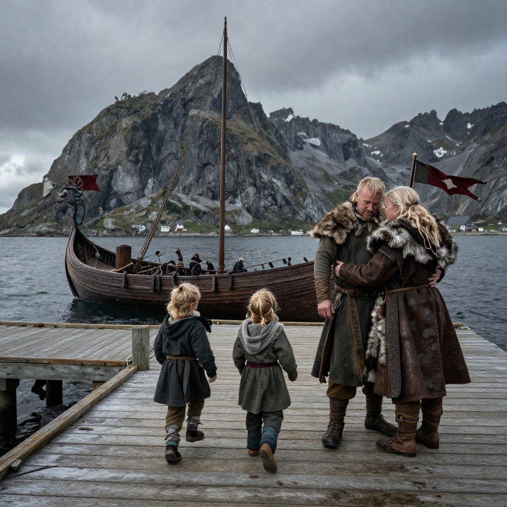 Photorealistic Viking family reunited upon a rugged wooden harbour as a dragon-headed longship returns from a long voyage, young children running towards their returning parents while relatives embrace beneath towe.jpg