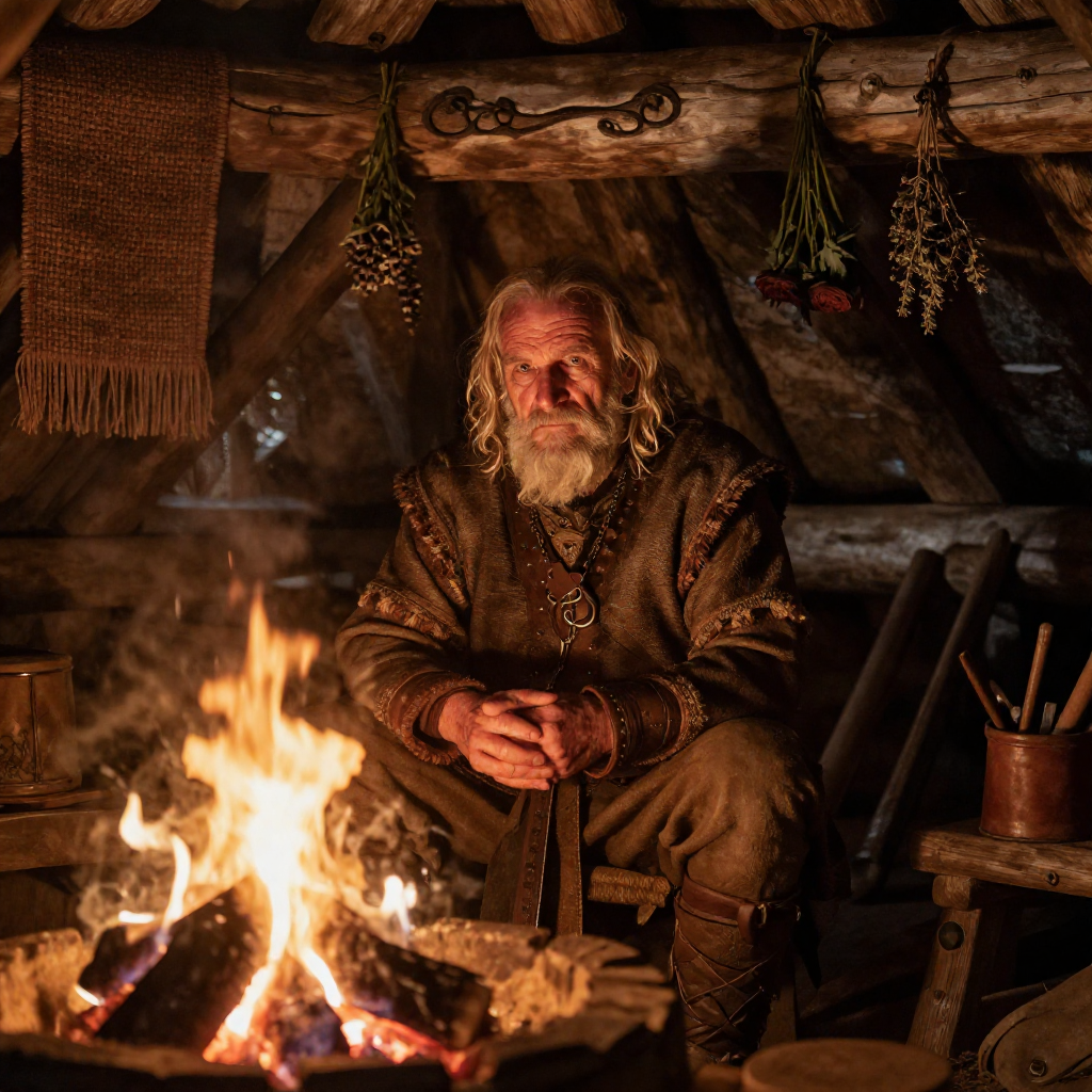 Photorealistic elderly Viking storyteller seated beside a roaring hearth inside a traditional timber longhouse, deeply weathered face illuminated by flickering firelight while carved wooden beams, woven textiles, h.jpg