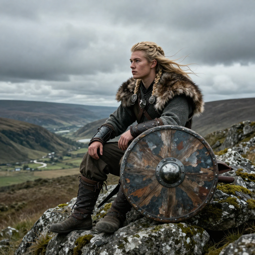 Photorealistic young Viking warrior sitting quietly upon a moss-covered rock overlooking rolling highland valleys after battle, worn wooden shield resting against his knees, braided blonde hair and fur cloak stirre.jpg