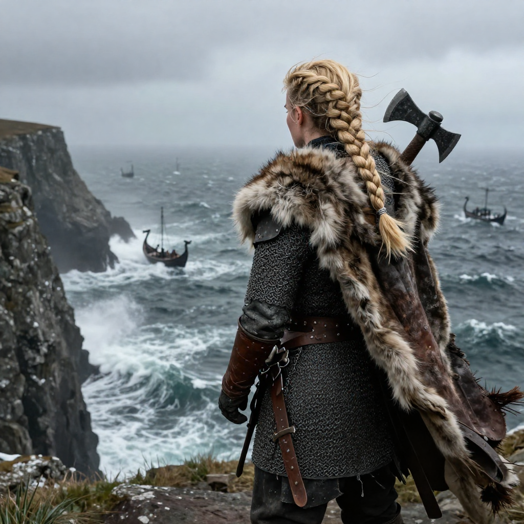Photorealistic Viking shieldmaiden standing upon a rugged Scottish sea cliff overlooking the stormy North Sea, viewed from behind as intricate blonde braids cascade over a thick fur cloak. Weathered leather armour .jpg