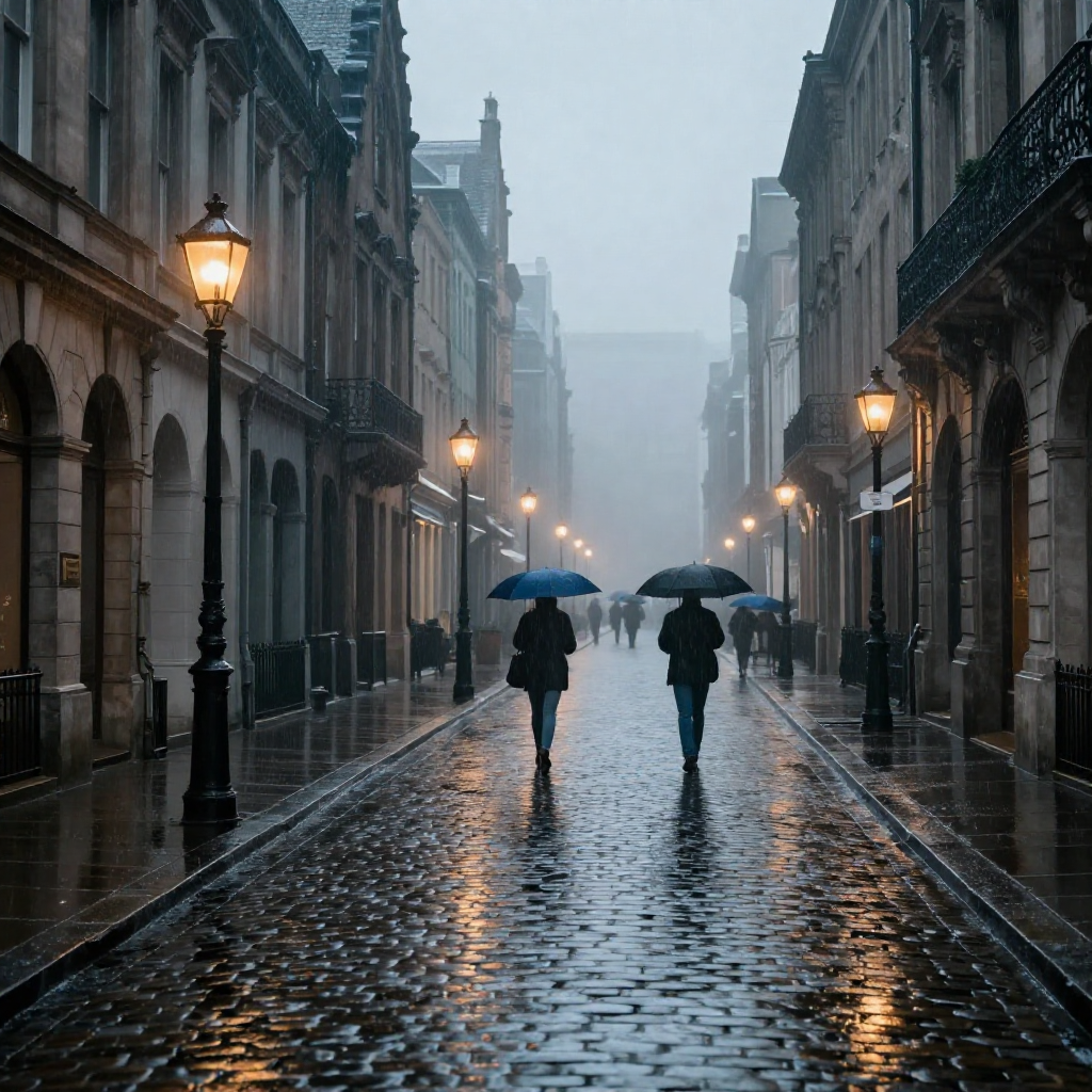 Rainy City Street__Photorealistic historic cobbled street glistening after heavy rain, elegant old buildings reflected in puddles beneath vintage street lamps as people carrying umbrellas disappear into drifting mi.jpg