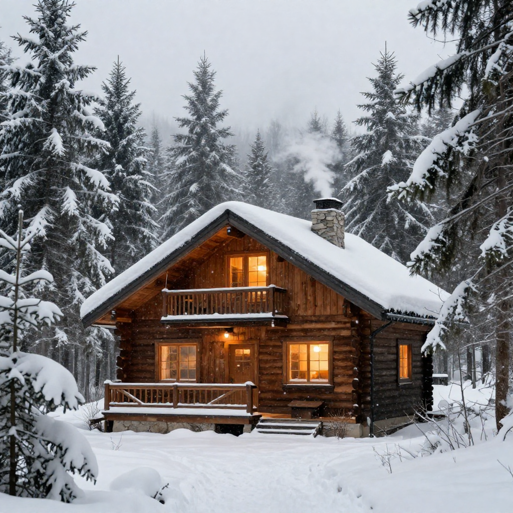 Snowy Mountain Cabin__Photorealistic secluded wooden cabin nestled among towering snow-covered pine trees beneath gently falling snow, warm amber light glowing through frosted windows while smoke rises from the sto.jpg