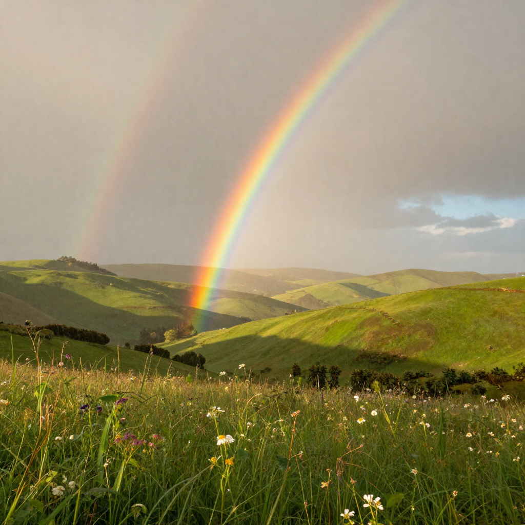 Rainbow After Rain__Photorealistic vibrant rainbow stretching across rolling green hills immediately after heavy rainfall, warm afternoon sunlight breaking through retreating storm clouds as raindrops sparkle u (1).jpg