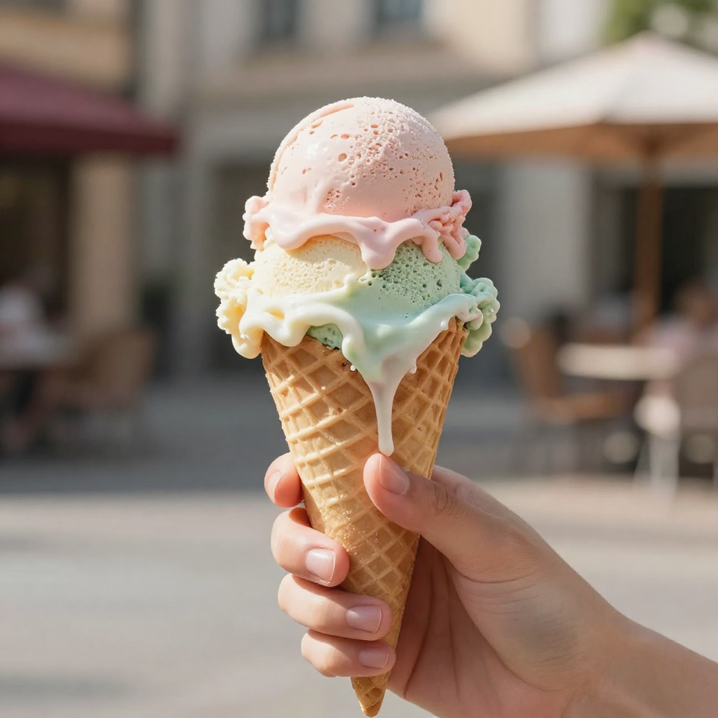 7. Melted Ice Cream__Photorealistic of a hand holding a colourful ice cream cone rapidly melting on a warm summer afternoon, scoops collapsing over the cone and dripping, bright sunshine creating realistic reflecti.jpg