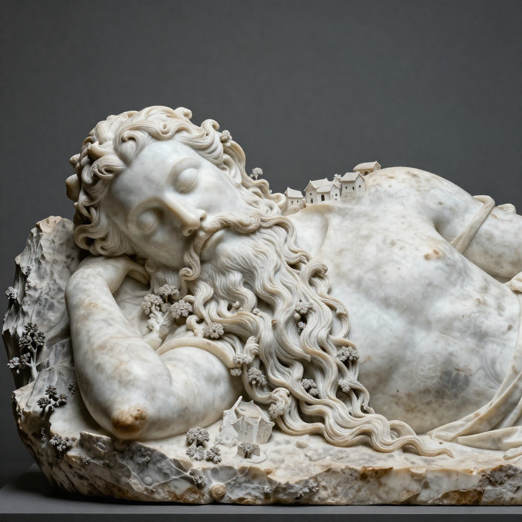 Photorealistic museum-quality white marble sculpture of a legendary giant lying in eternal sleep beneath carved mountain peaks, intricate flowing beard transforming into rivers and forests, tiny carved villages nes.jpg