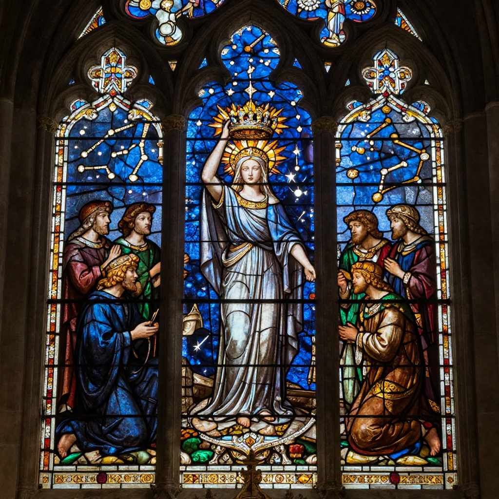 Photorealistic medieval stained glass window inside an ancient cathedral, depicting a celestial queen raising a radiant crown beneath swirling constellations while robed guardians kneel below, intricate leadwork, g.jpg