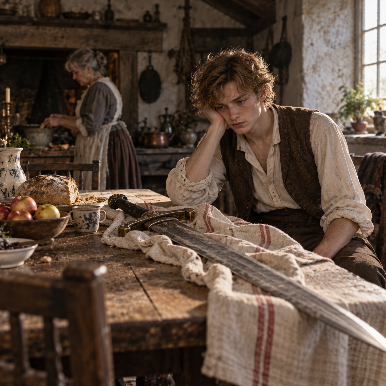 Brooding Swordsman in Rustic Kitchen.png
