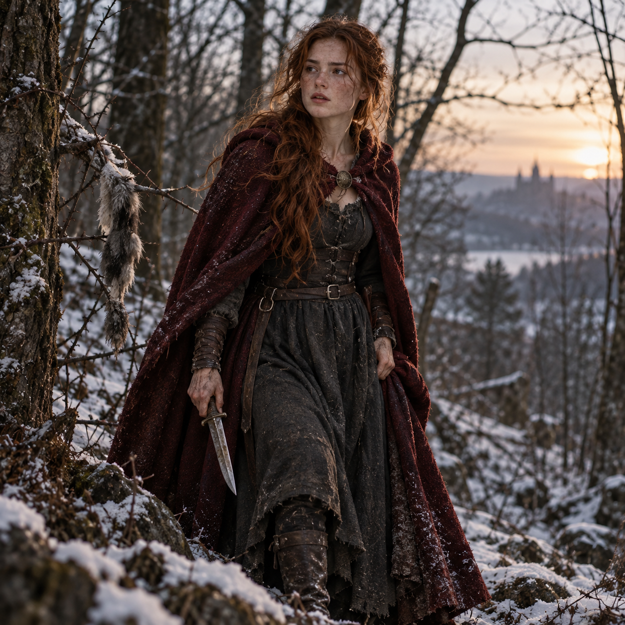 Burgundy Huntress in the Winter Woods.png