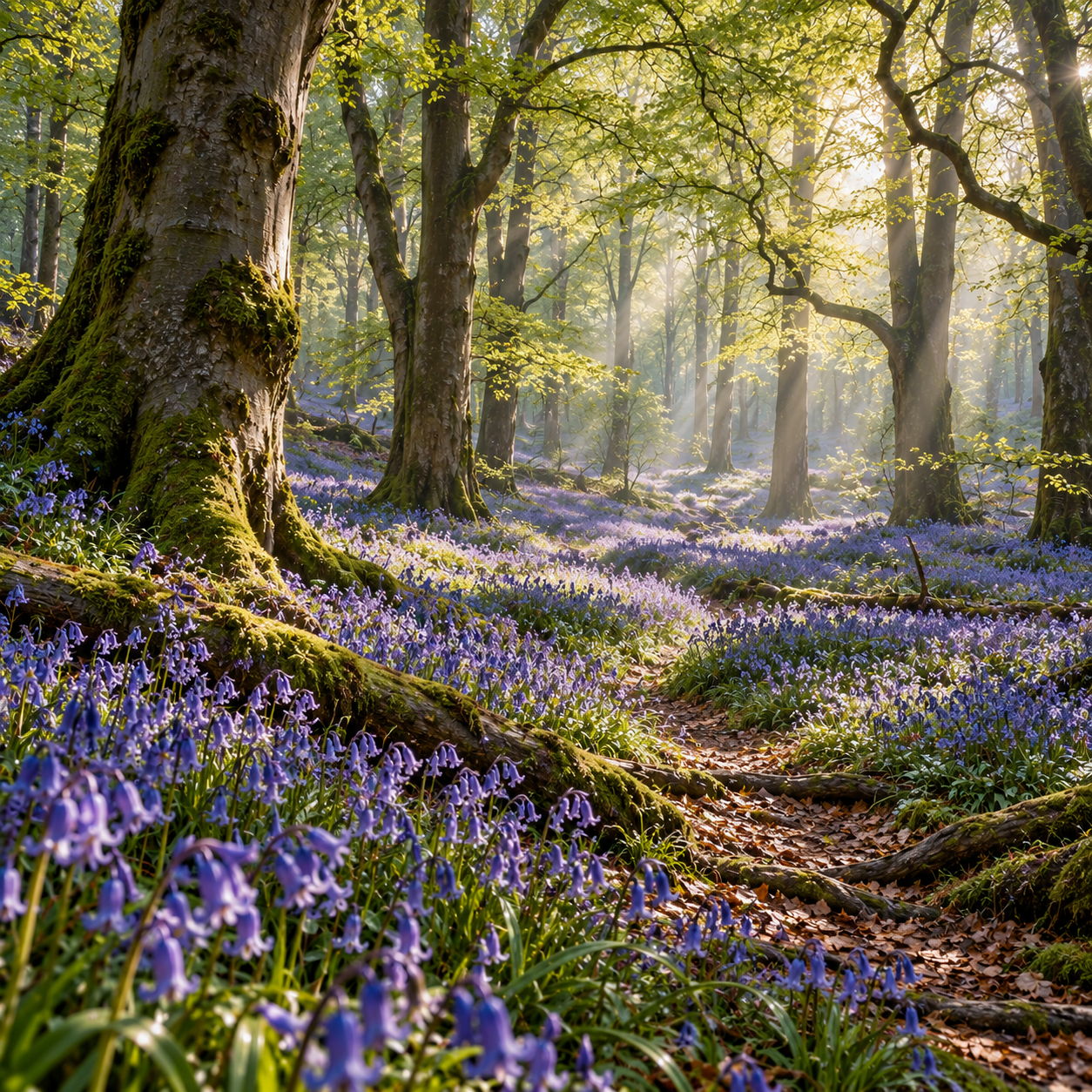 Sunlit Bluebell Woodland Path.png