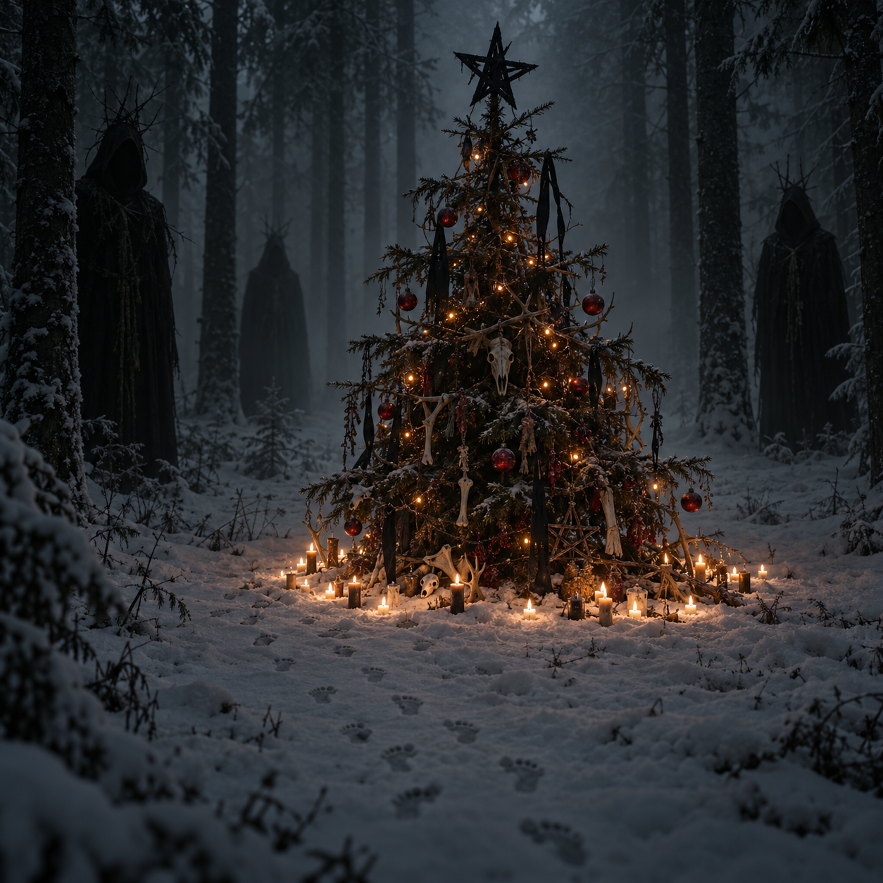 Haunted Ritual Christmas Tree in Snowy Woods.png