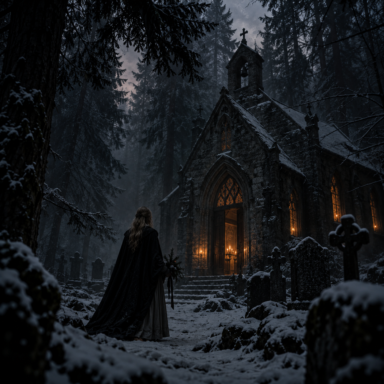 Candlelit Gothic Chapel in a Snowy Cemetery.png