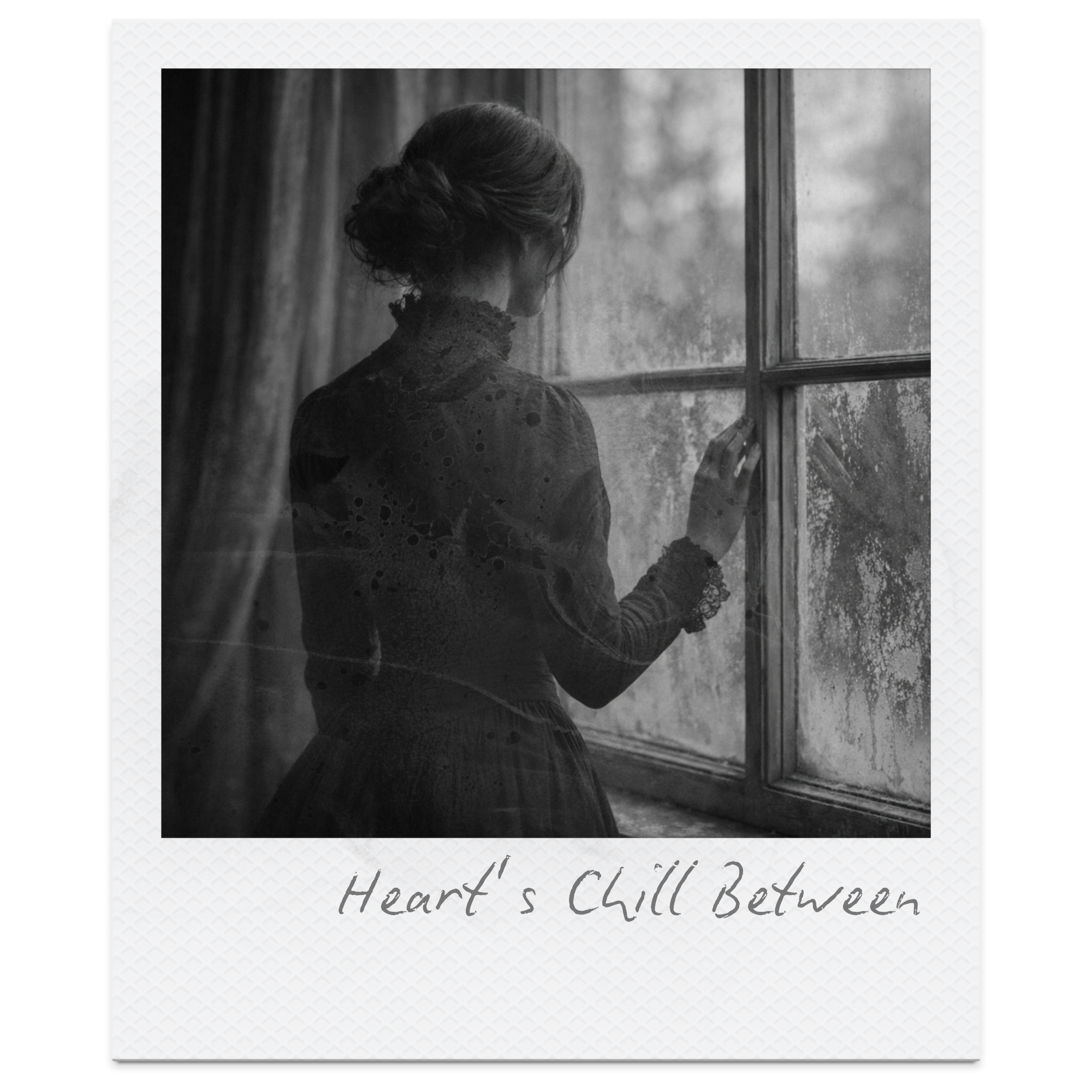 A woman with her hair in an updo standing by a rain-streaked window, looking outside in black and white, with the caption 'Heart's Chill Between' at the bottom.