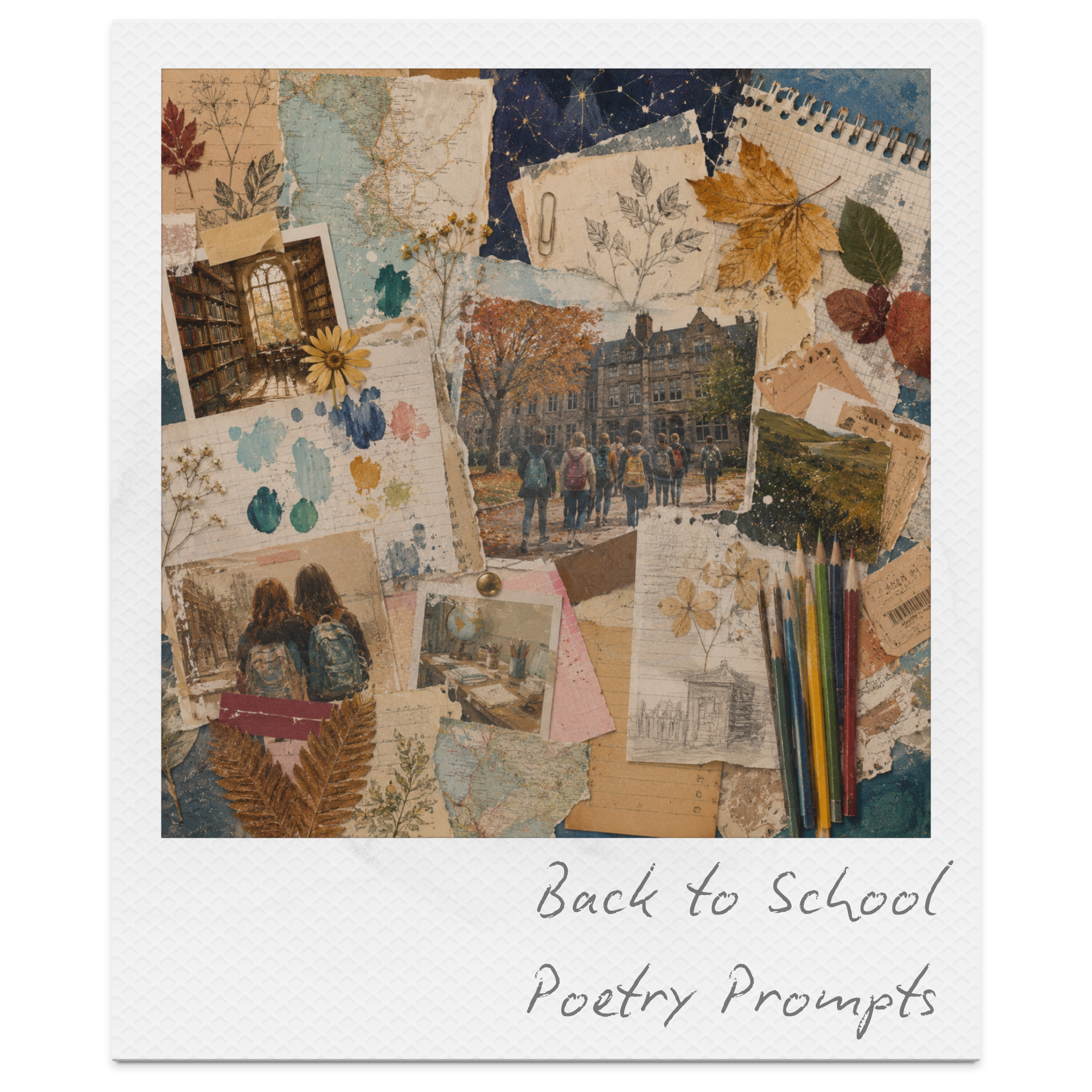 Back to school poetry prompts journal with collage of autumn Leaves, maps, photos, watercolor paint, and drawing supplies.