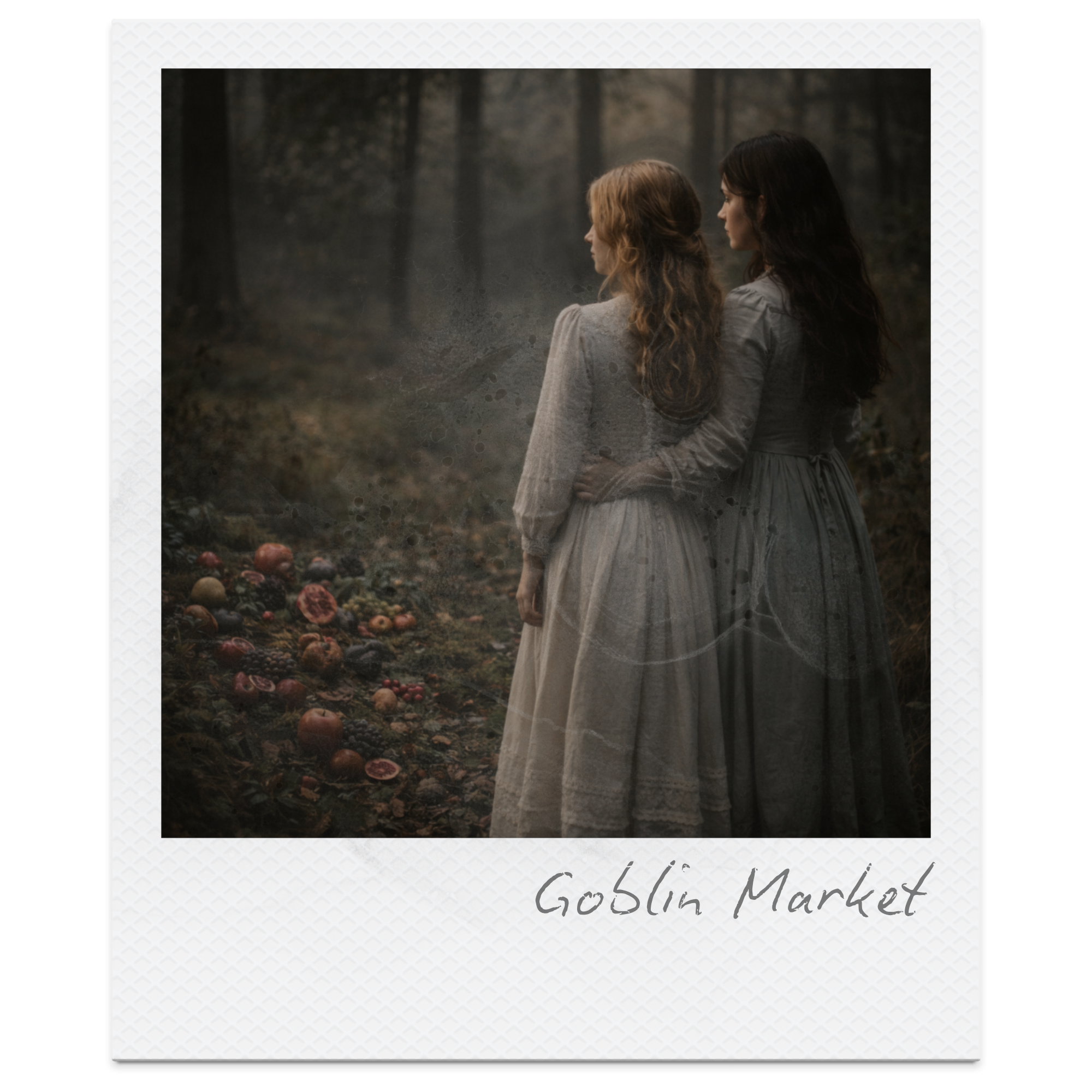 Two women in vintage dresses standing in a foggy forest with fallen apples on the ground and a mysterious atmosphere.