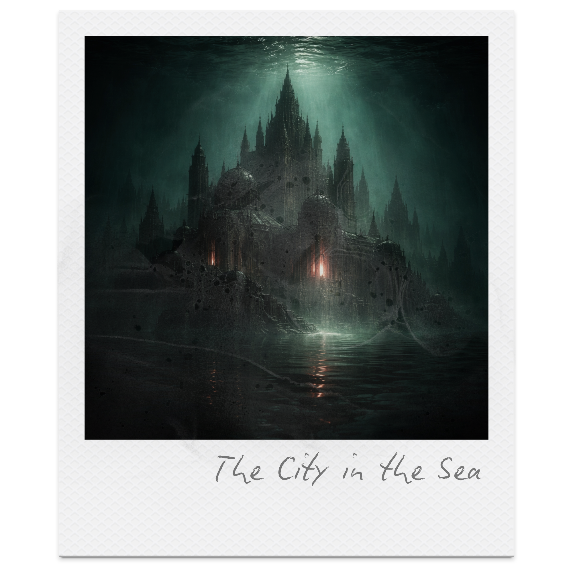 A dark, mysterious city with gothic architecture, built on water with reflections, called 'The City in the Sea'.