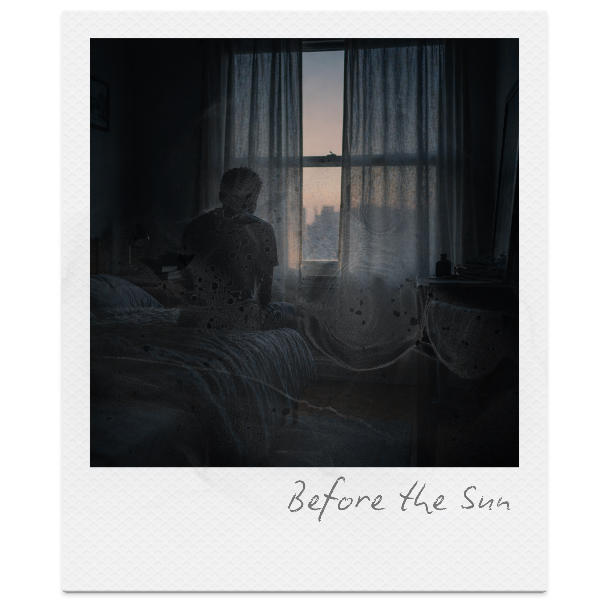 A shadowed person looking out a window with closed curtains during sunset or sunrise, with a note at the bottom reading 'Before the sun'.