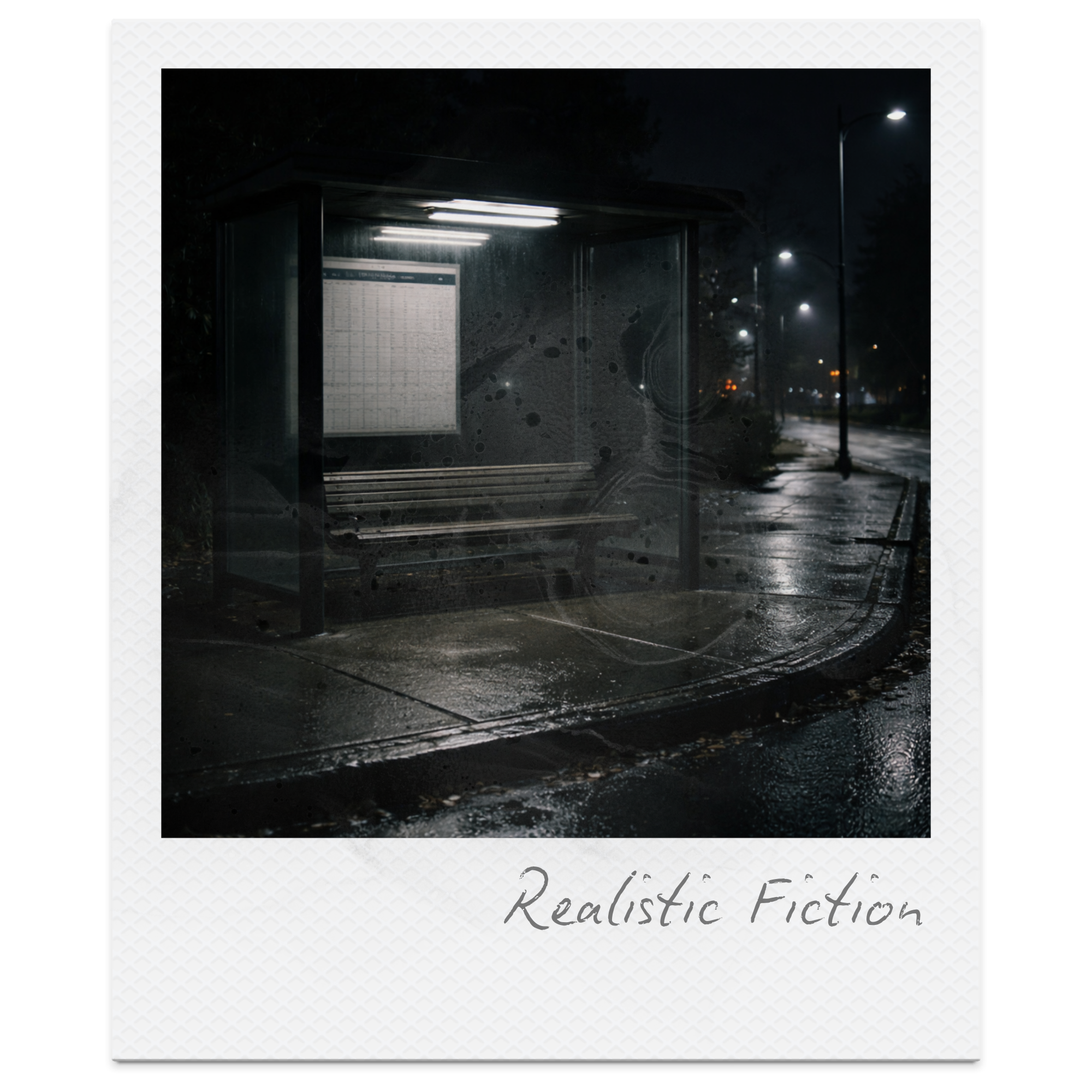 A rain-soaked bus stop shelter at night with a bench and a timetable, illuminated by streetlights.