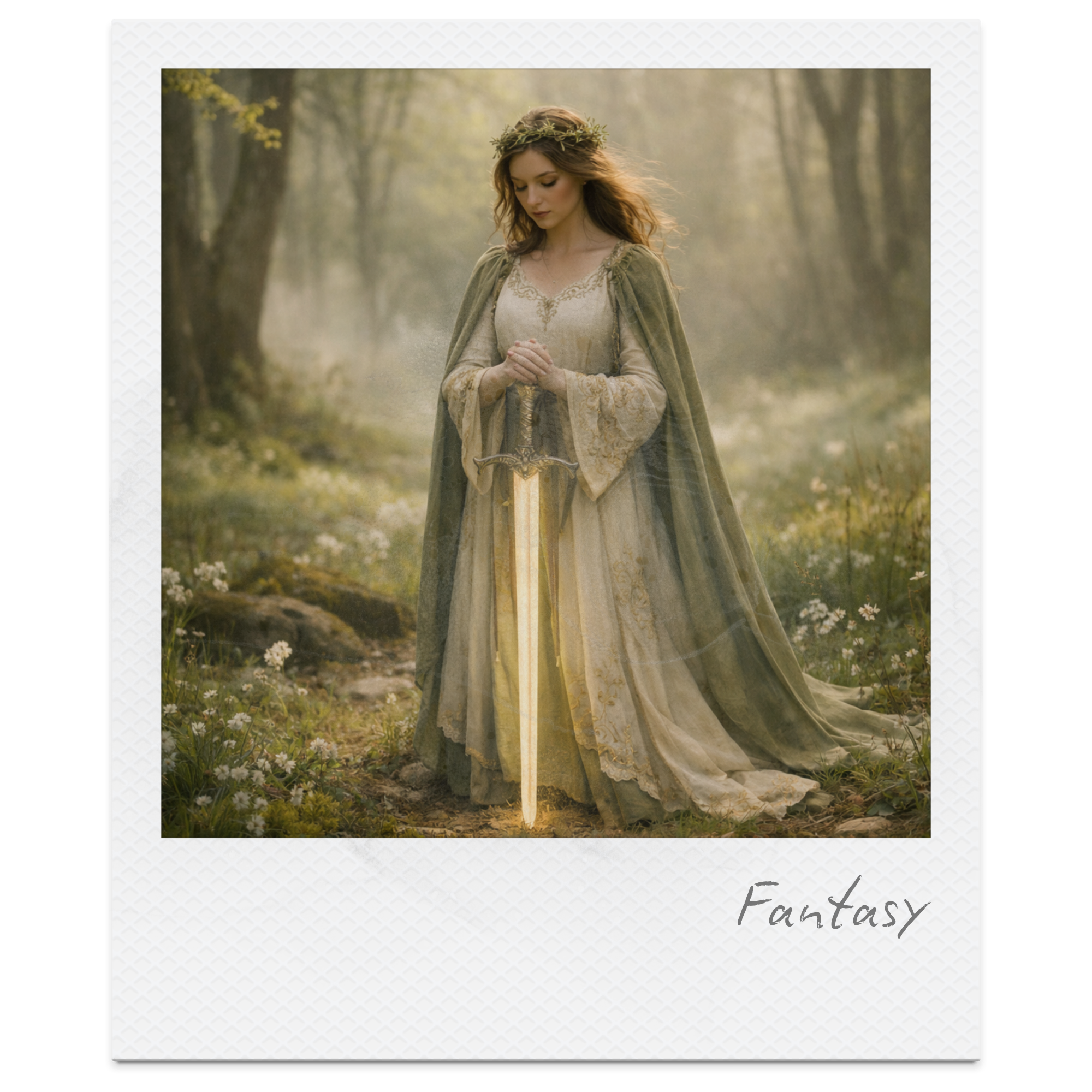 A woman dressed in a medieval-style gown and cape, standing in a forest with a glowing sword embedded in the ground, surrounded by flowers and sunlight, with the word 'Fantasy' written on the bottom right.