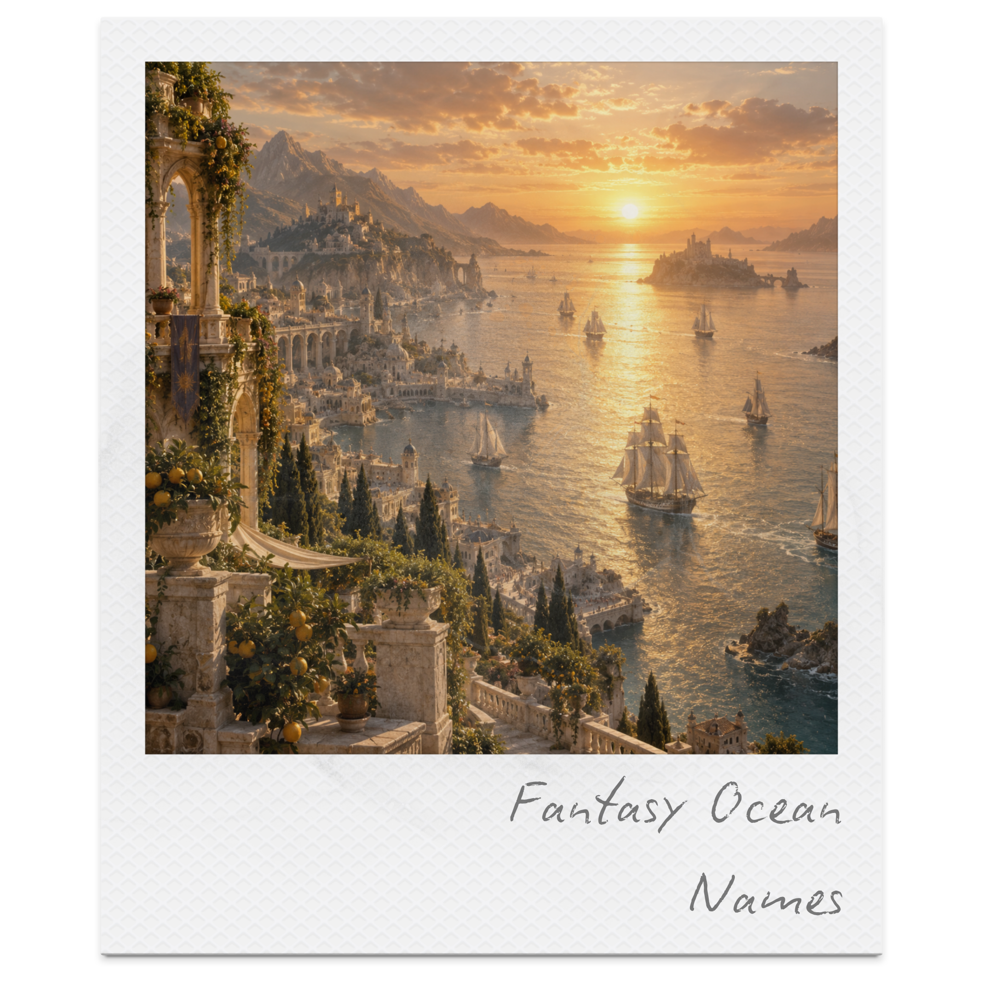Beautiful digital artwork of a fantasy ocean scene with sailboats, mountains, a castle, and a sunset in warm golden tones.