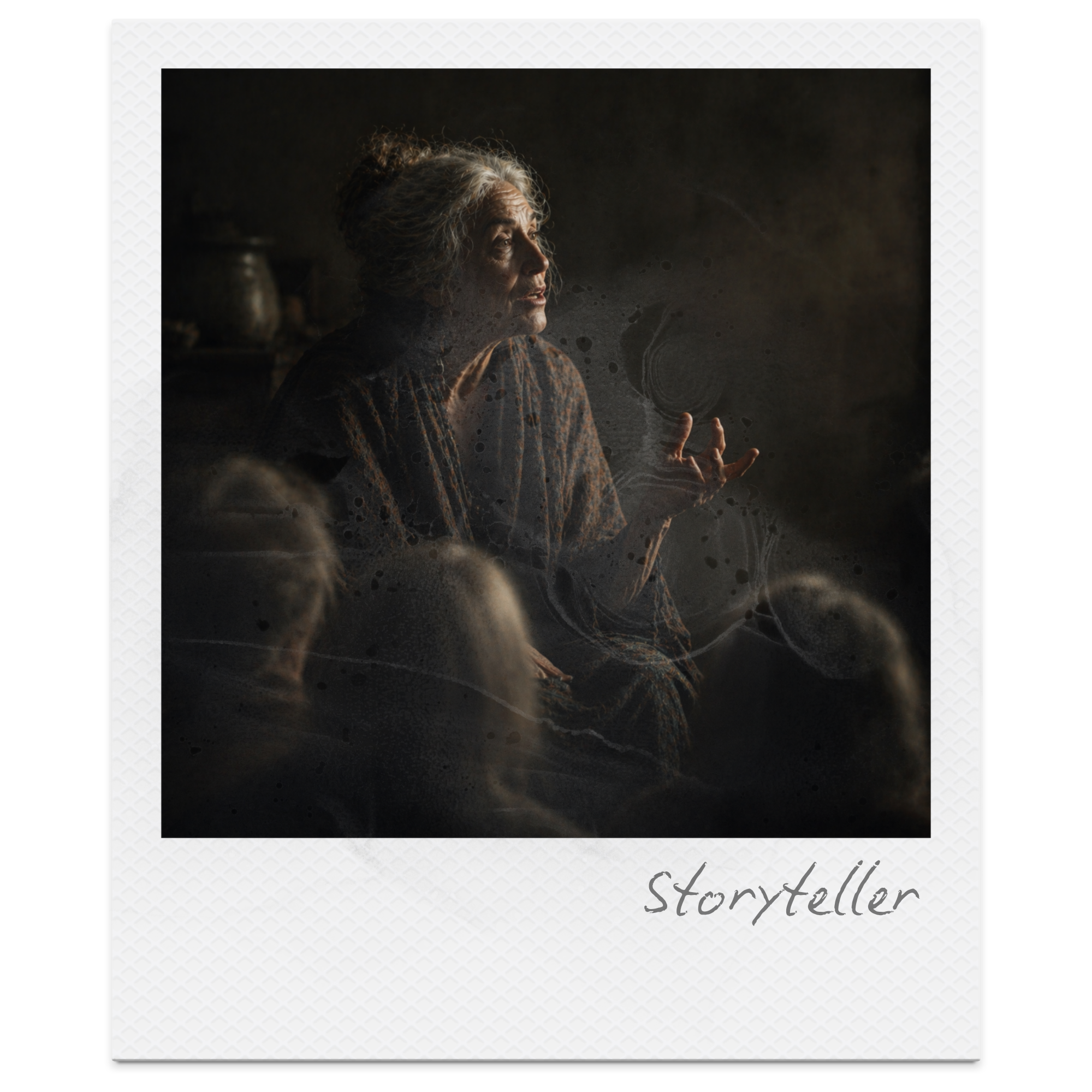 A woman with curly gray hair sits in a dark room, gazing thoughtfully into the distance, with soft lighting illuminating her face.