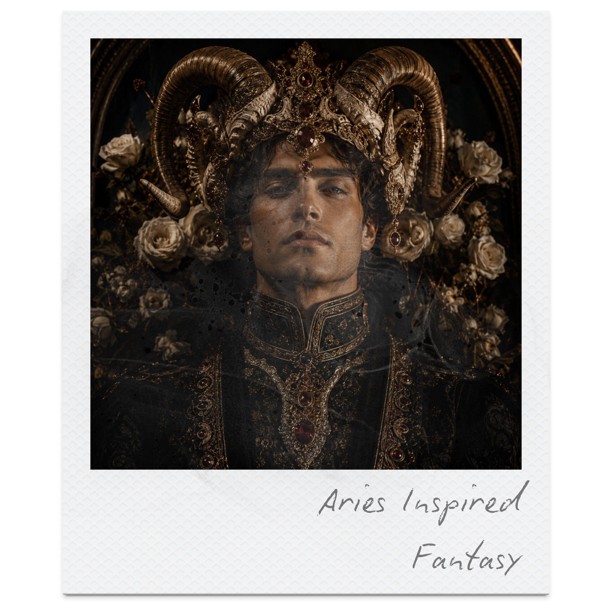 Close-up of a person wearing an elaborate headdress with ram's horns, gold and gem details, and surrounded by white roses, with handwritten text 'Ares Inspiration Fantasy' at the bottom.