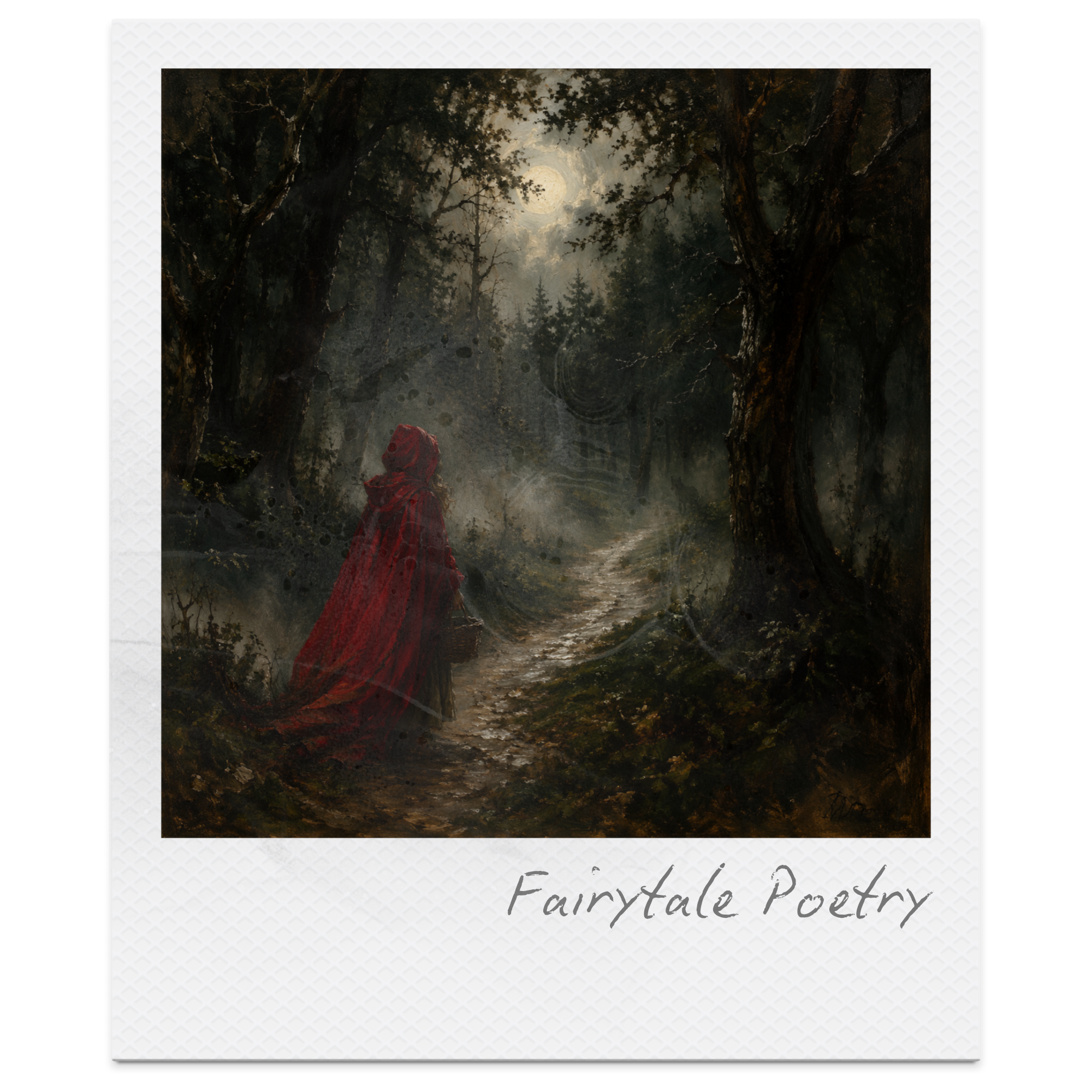 A woman in a red cloak walking down a forest path under a full moon, carrying a basket, surrounded by tall trees in a dark, foggy environment, with the words "Fairytale Poetry" written at the bottom.