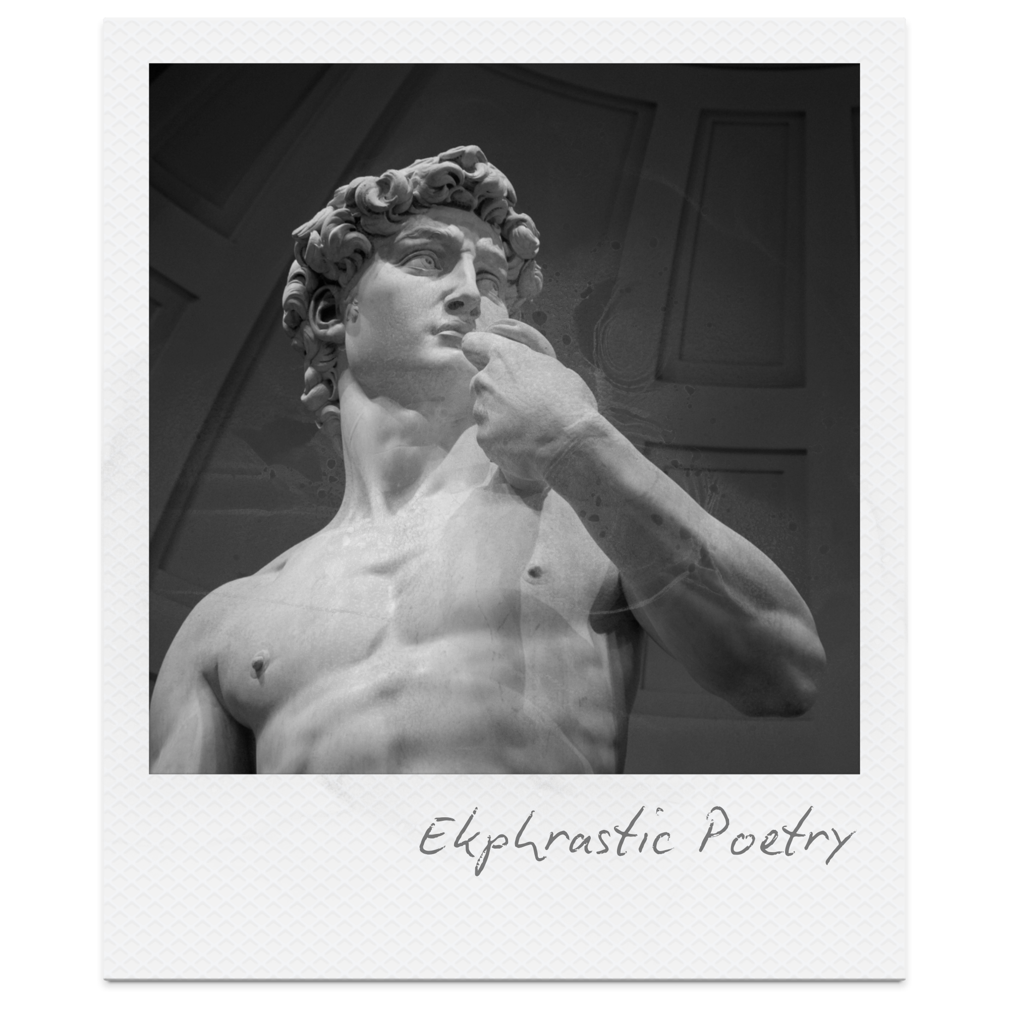 Black and white photograph of a classical marble sculpture of a man with curly hair, touching his face with his hand, with the words 'Ekphrastic Poetry' written below.