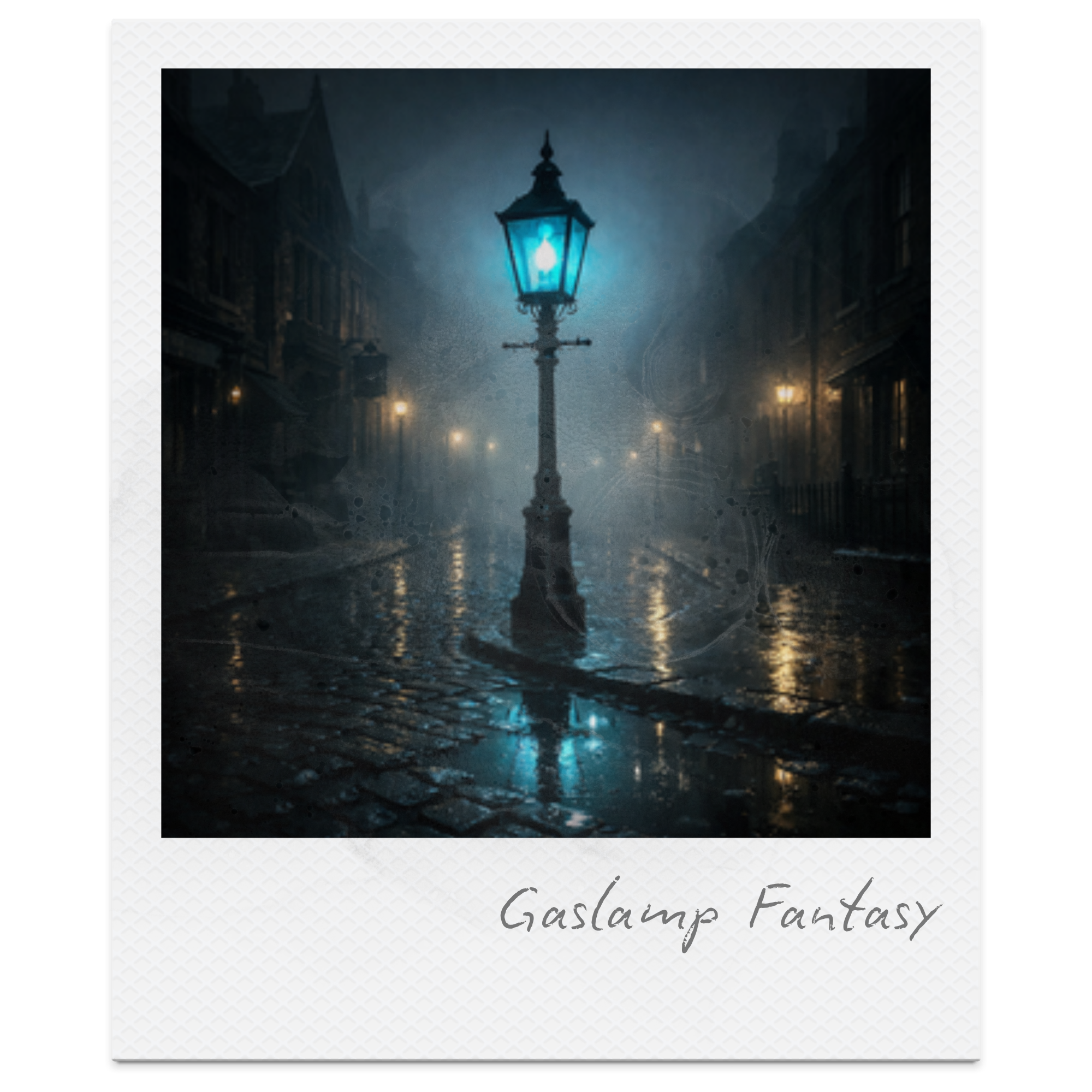 A glowing blue streetlamp on a rainy, cobblestone street at night, with reflections on the wet ground and foggy surroundings.