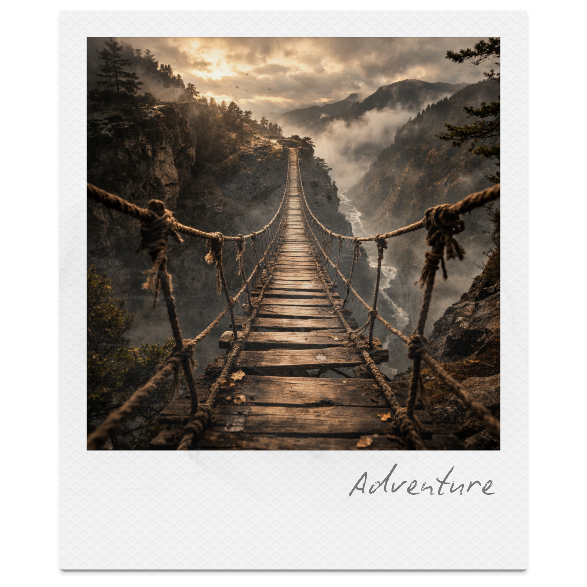 A wooden rope bridge over a deep canyon with misty mountains and a cloudy sky at sunset, labeled 'Adventure'.