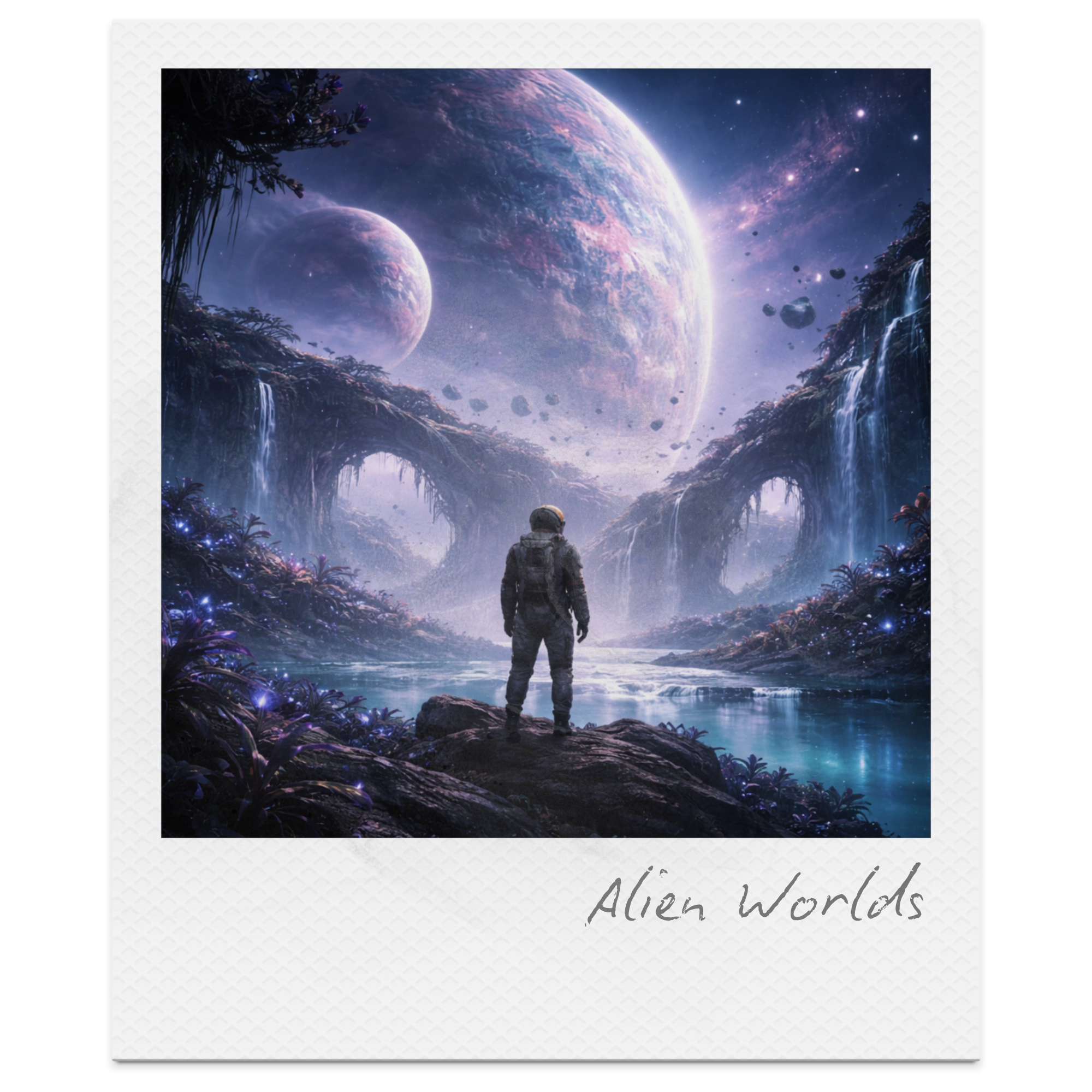 A fictional scene of an astronaut standing on a riverbank, gazing at a large, colorful planet and two moons in the sky, surrounded by lush alien vegetation and waterfalls.