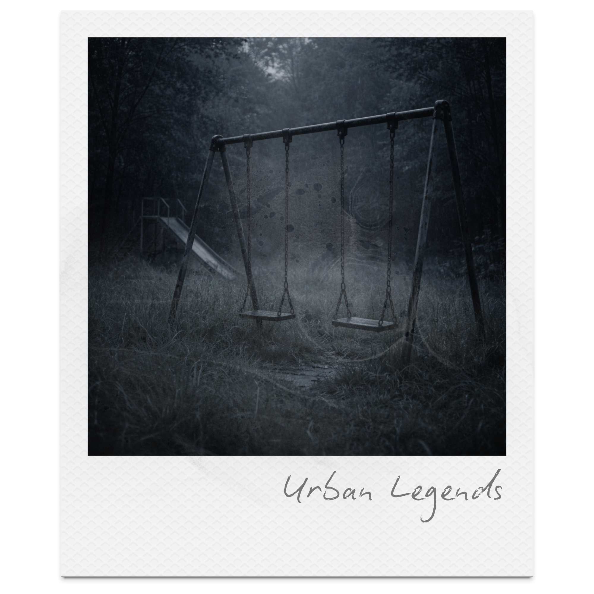 An empty old playground swing set in a dark, overgrown park with a slide in the background, under a cloudy, gloomy sky.
