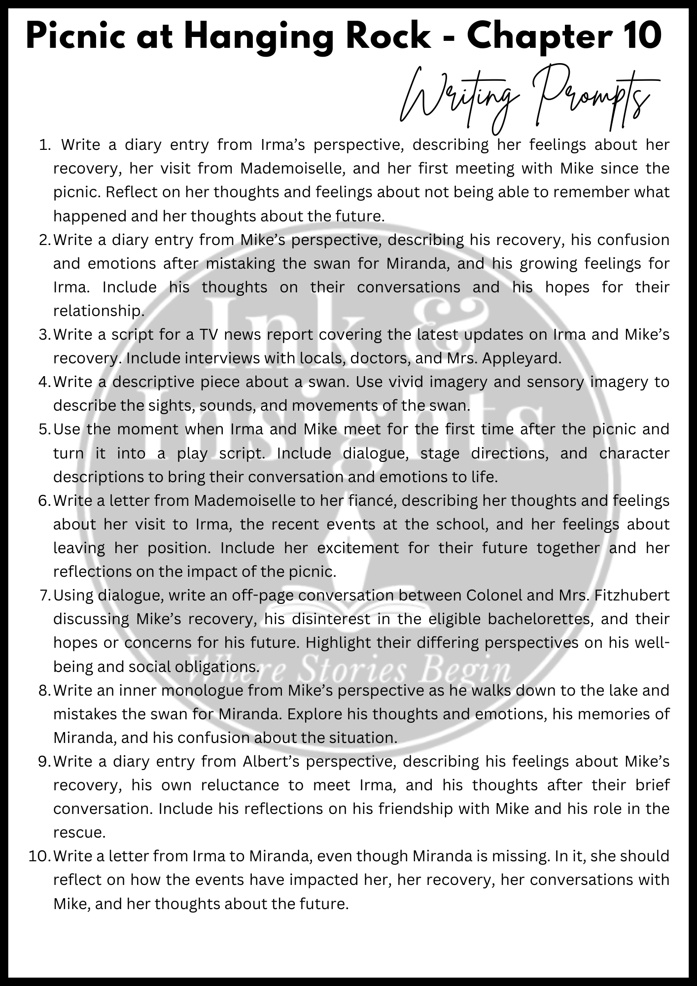 Picnic at Hanging Rock Chapter 10 Writing Prompts.png