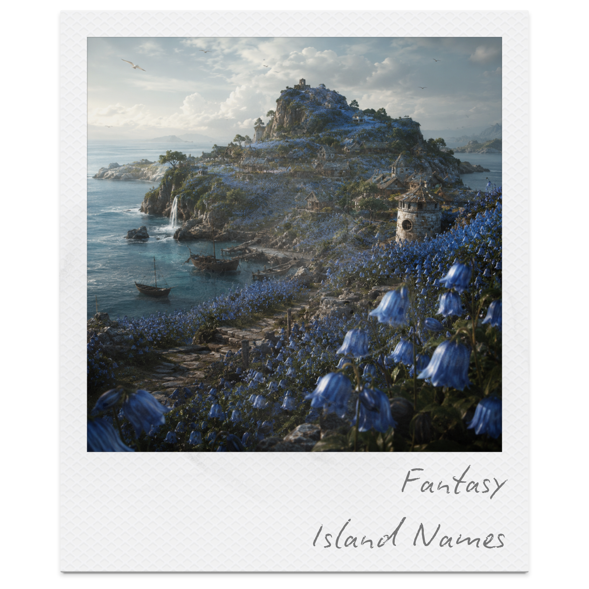 A fantasy landscape featuring a large island with a mountain and small houses, surrounded by water and with some birds flying in the sky.