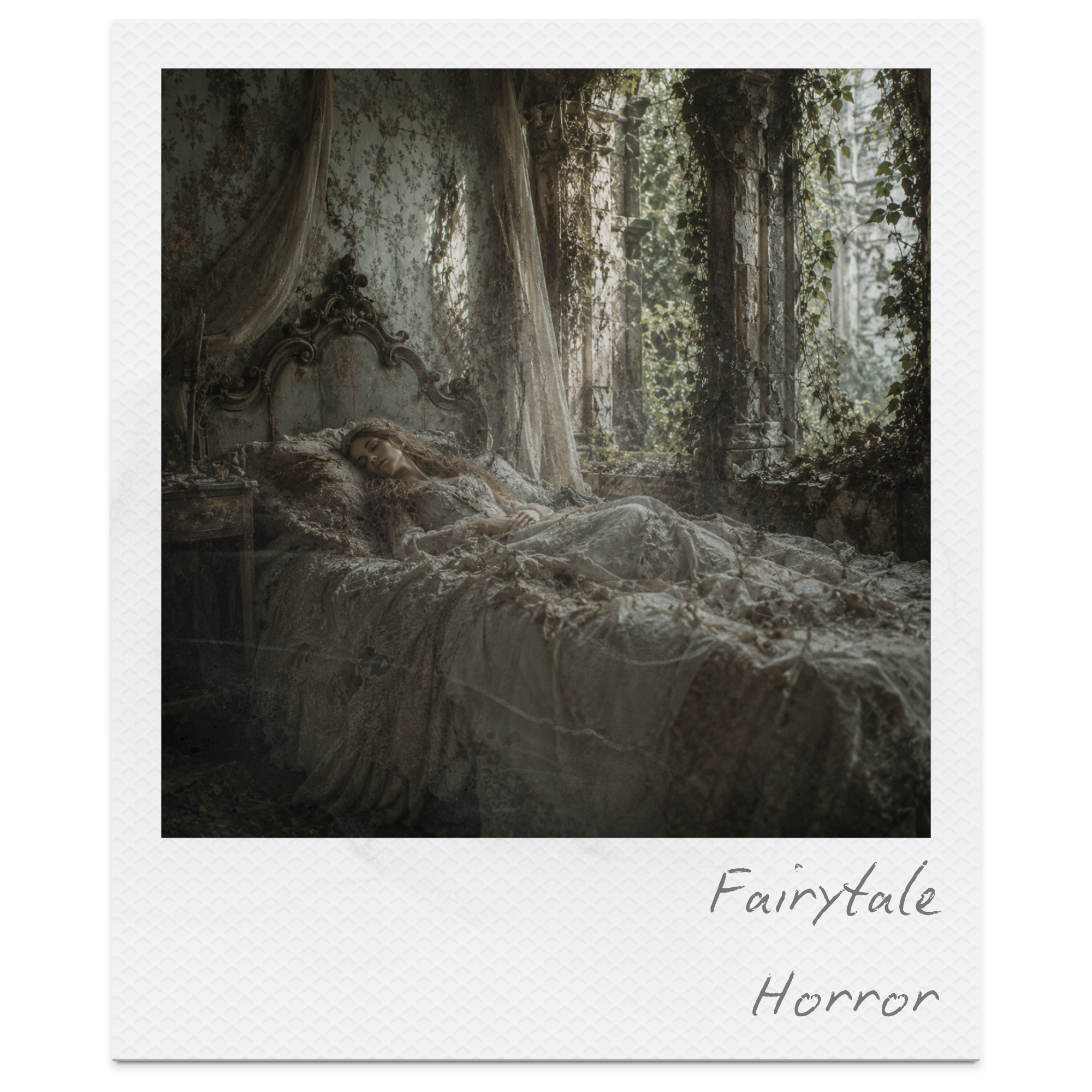 A woman lying on a vintage bed in a dilapidated room with overgrown vines on the window and an ornately carved headboard, creating an eerie atmosphere.