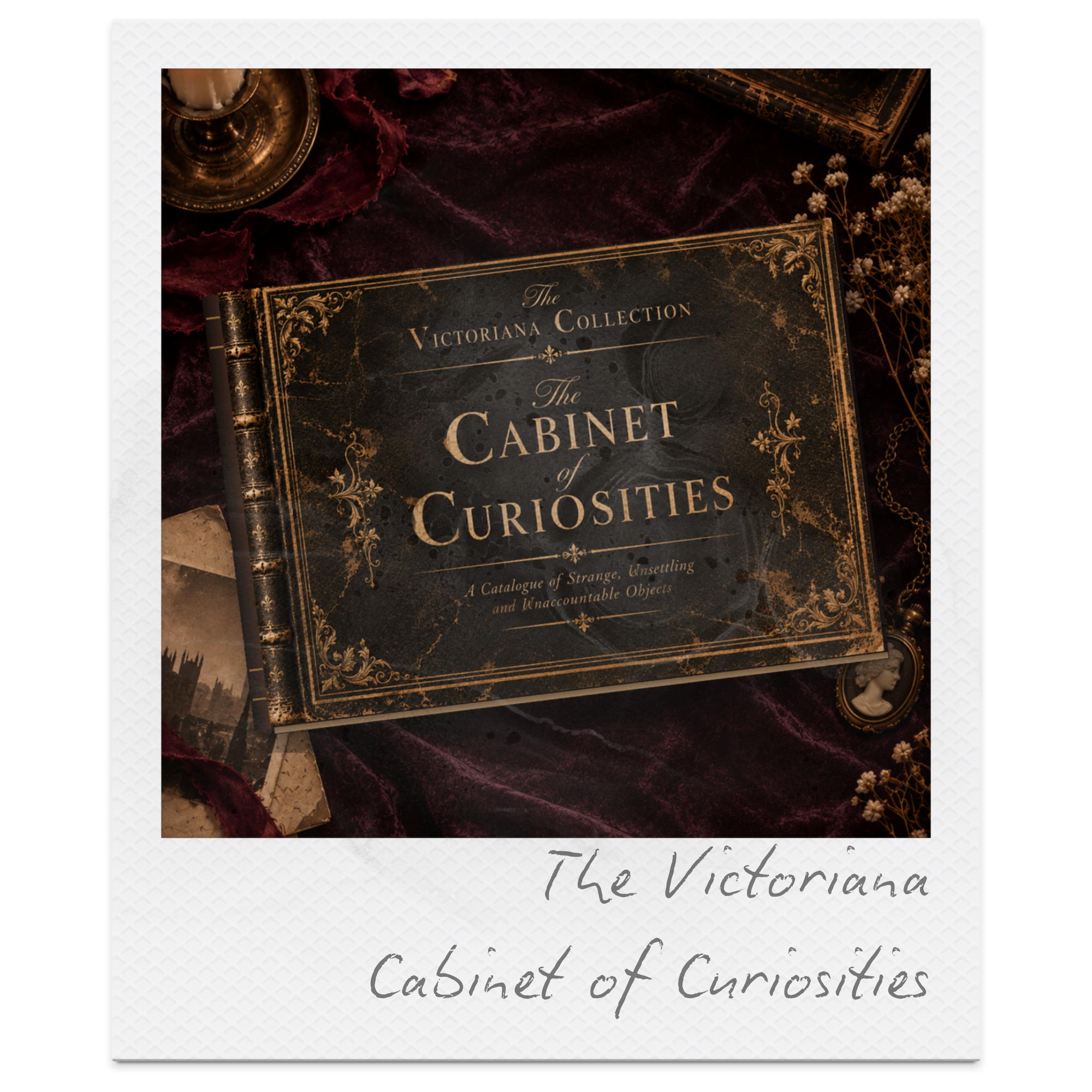 An antique book titled "The Victorian Cabinet of Curiosities" rests on purple velvet fabric, surrounded by dried flowers, a gold chain, and a golden candlestick with a white candle, evoking a vintage and mysterious atmosphere.