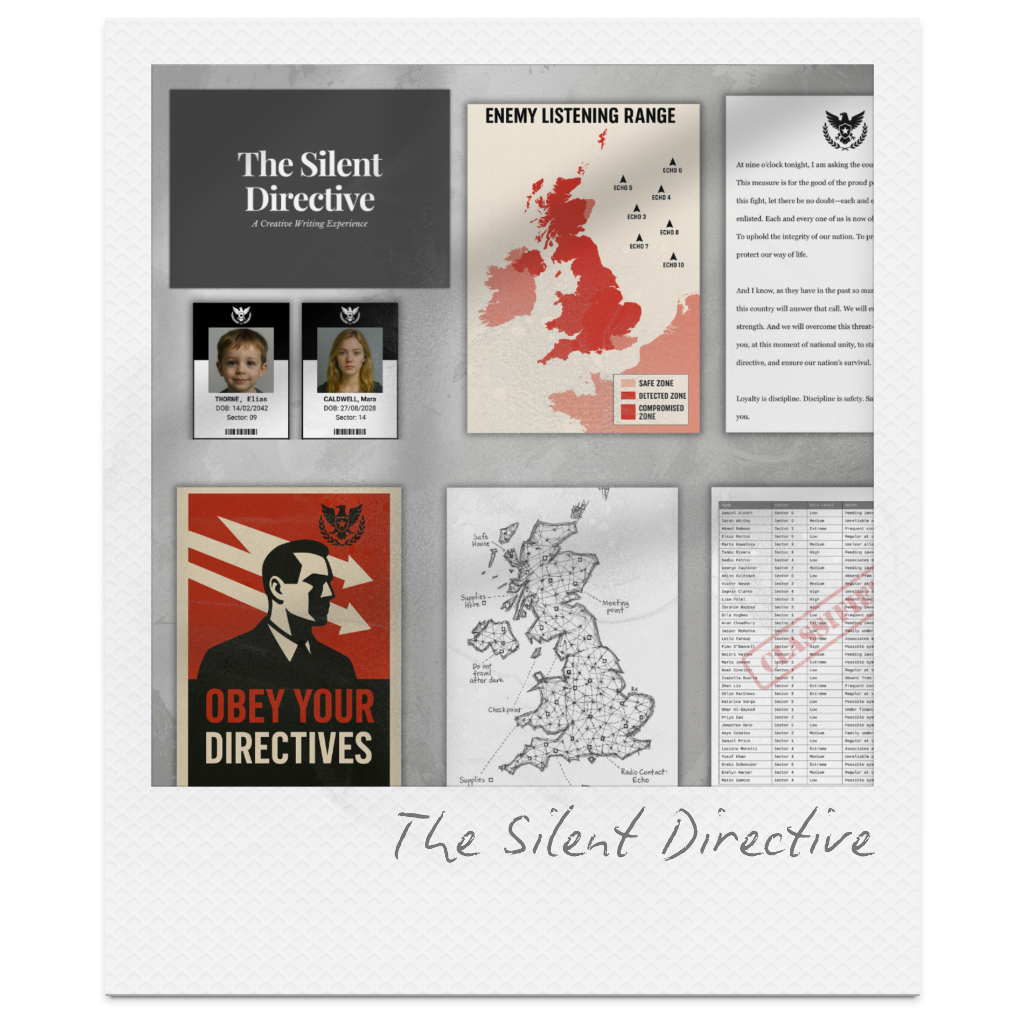 A collection of items themed around the concept of 'The Silent Directive' including a gray title card, a map of the UK showing enemy listening zones in red, two ID badges, a poster with a silhouette of a man and the phrase 'Obey Your Directives', a b