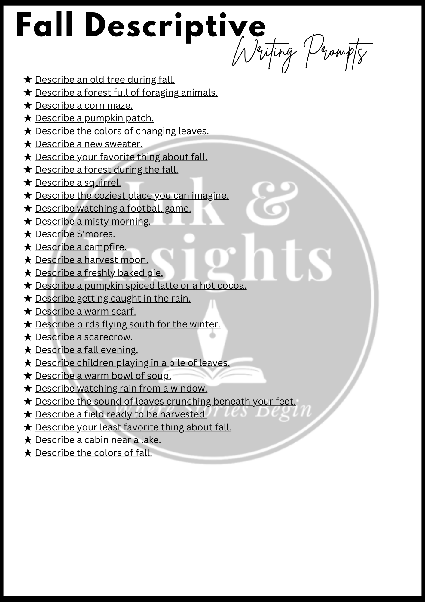 Fall Descriptive Writing Prompts Booklet — Ink & Insights