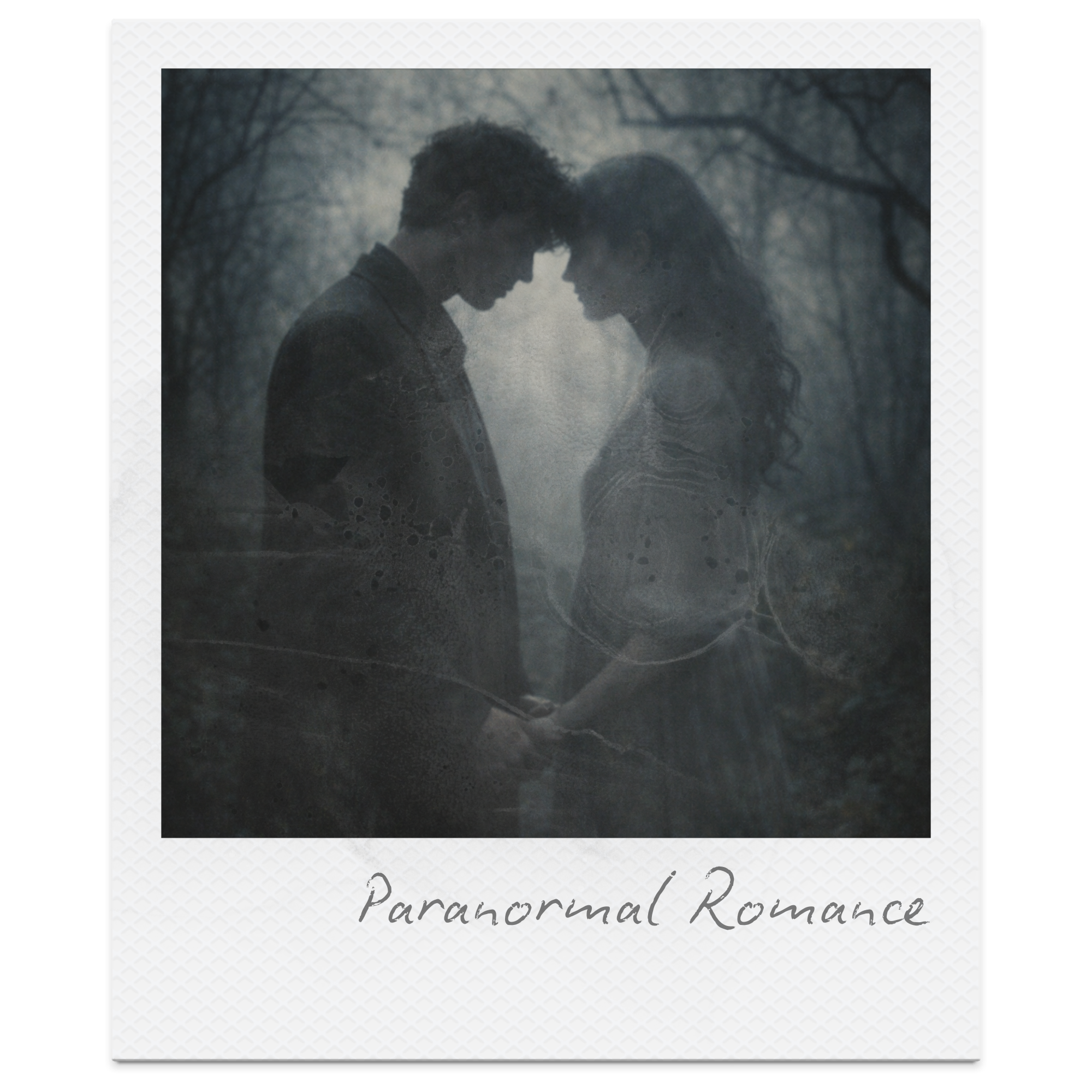 A black and white photo of a young man and woman standing close together in a forest, their foreheads touching, with a misty background and trees. The words "Paranormal Romance" are written below the photo.