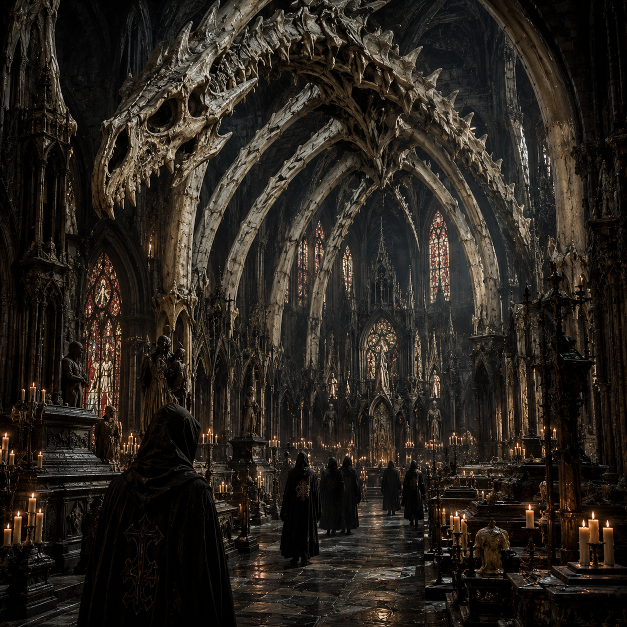 A vast gothic cathedral built around the skeleton of an ancient dragon, with towering bone arches, candlelit aisles, and hooded pilgrims beneath stained glass windows.
