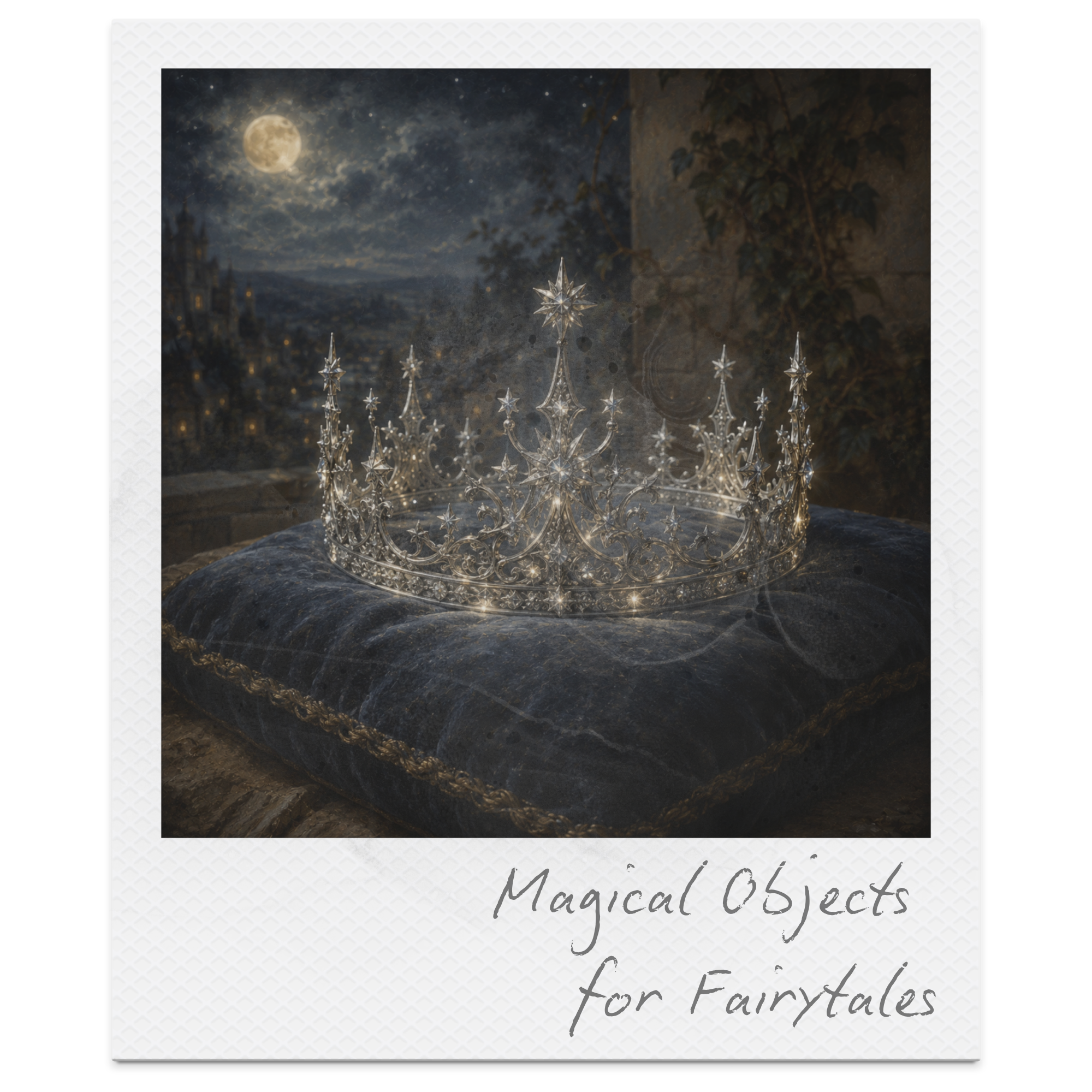 A decorative night scene featuring a glowing full moon, stars, and a silhouette of a castle in the distance. In the foreground, there is a crystal-like crown placed on a stone surface, with some vines and leaves to the right. The image has a fantasy 