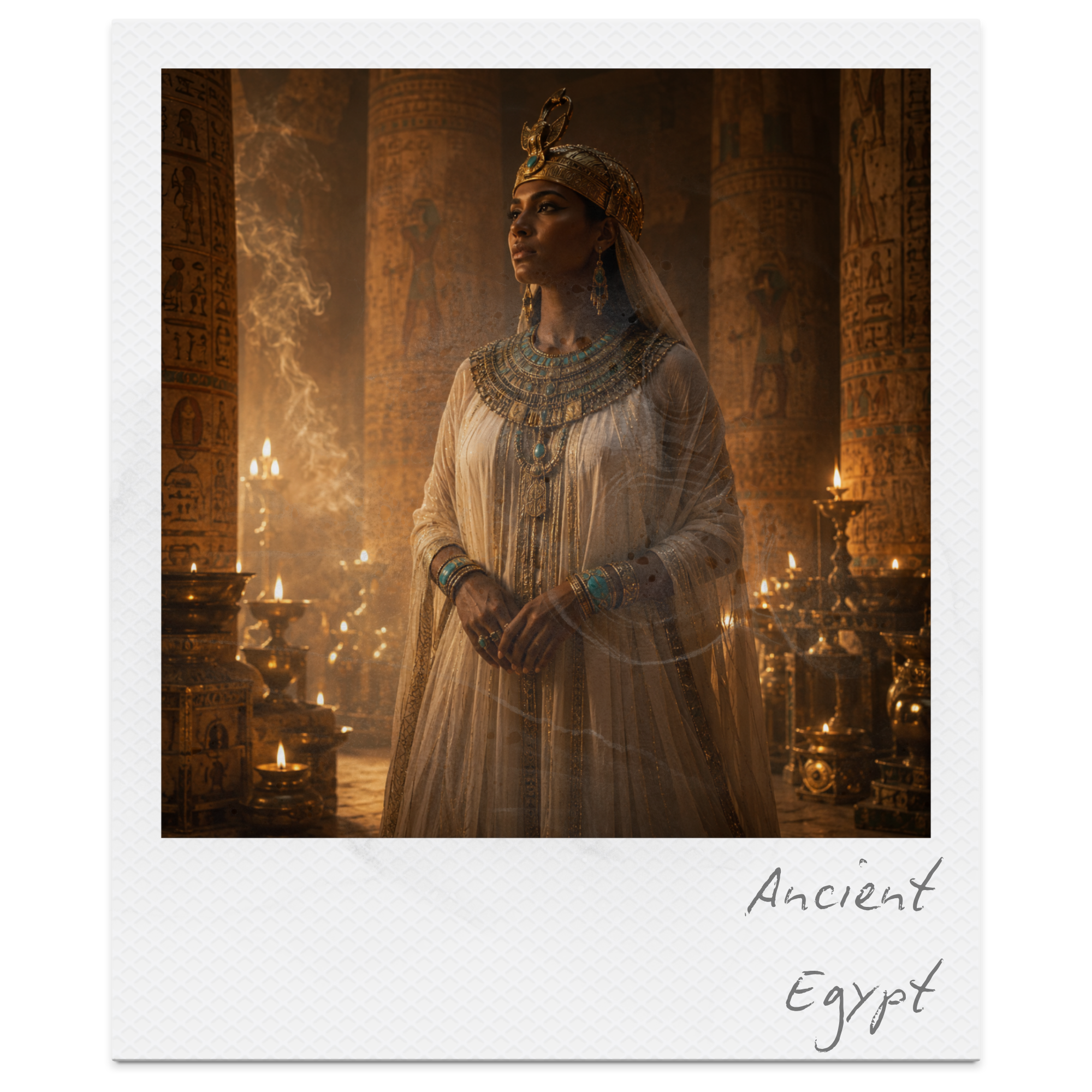 A woman dressed as an ancient Egyptian queen or goddess in a decorated headdress and jewelry, in a temple filled with lit candles and Egyptian hieroglyphic carvings on columns.