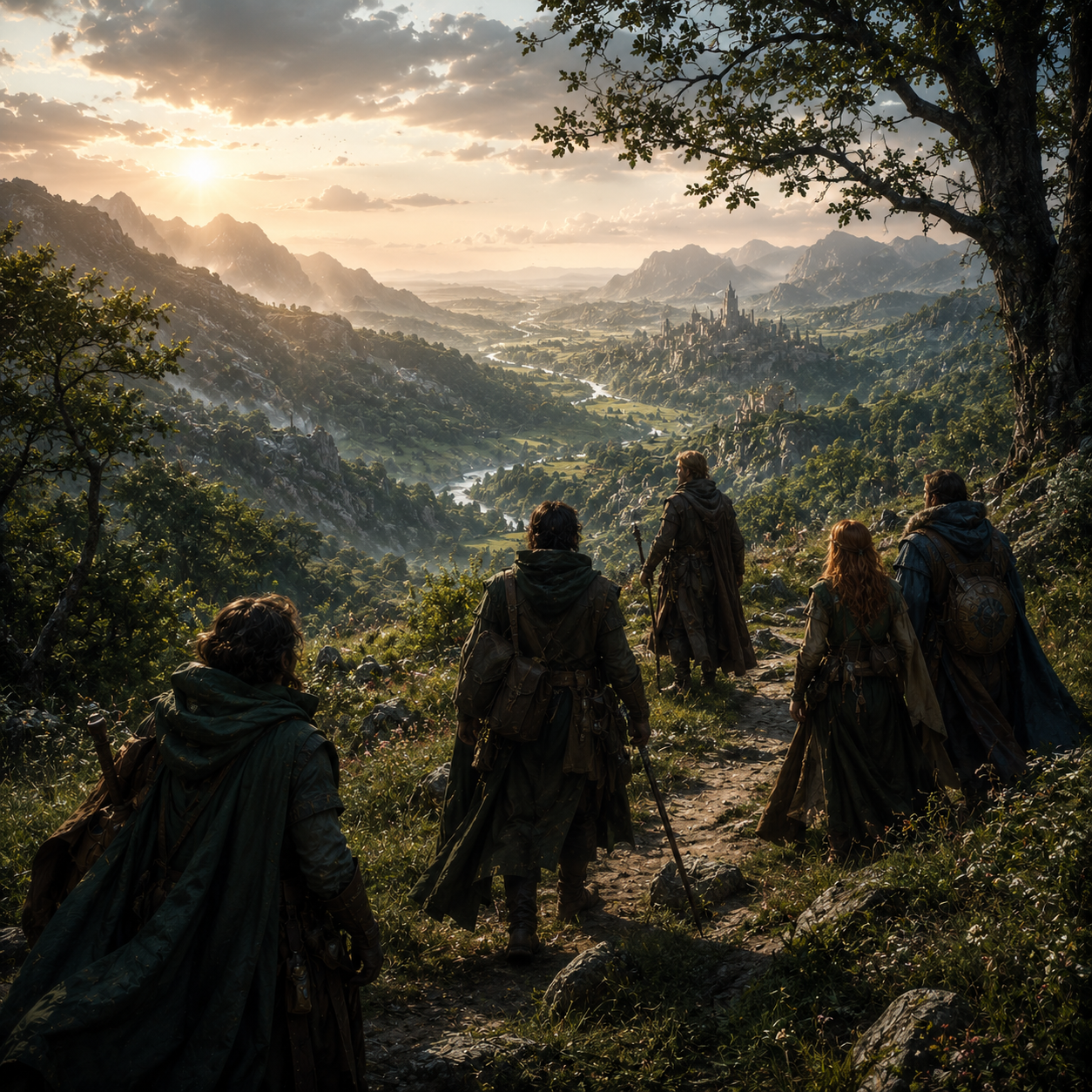 A group of travellers stands on a mountain path overlooking a vast green valley and distant kingdom as sunlight breaks across the landscape.